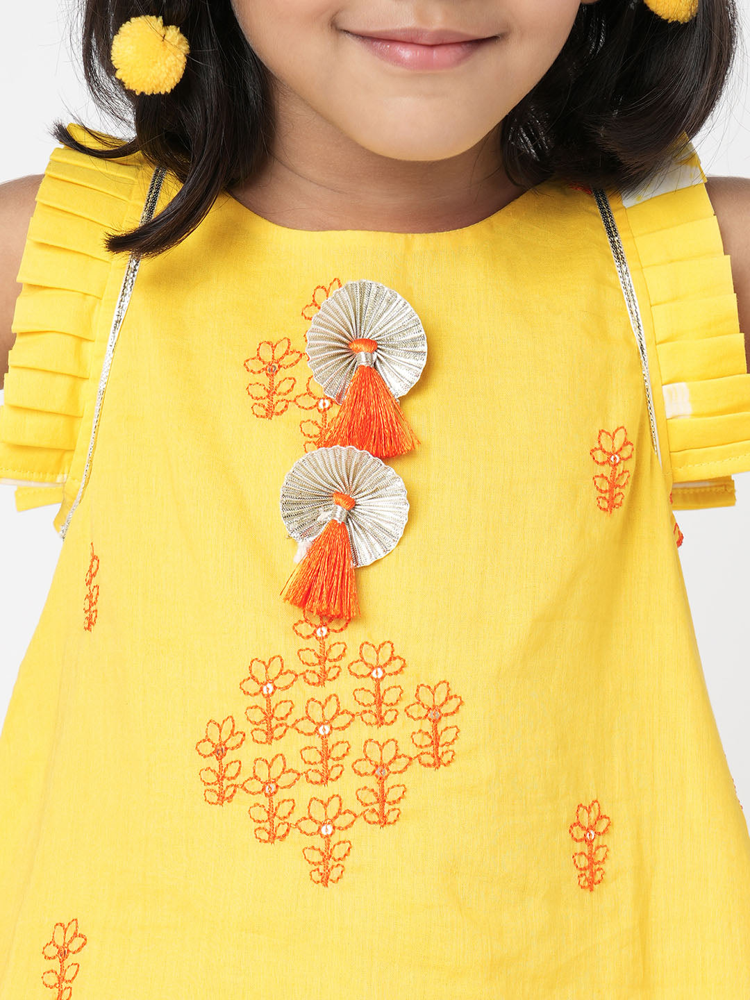 Marigold Magic Girls Yellow Embroidered Kurta with Dhoti set