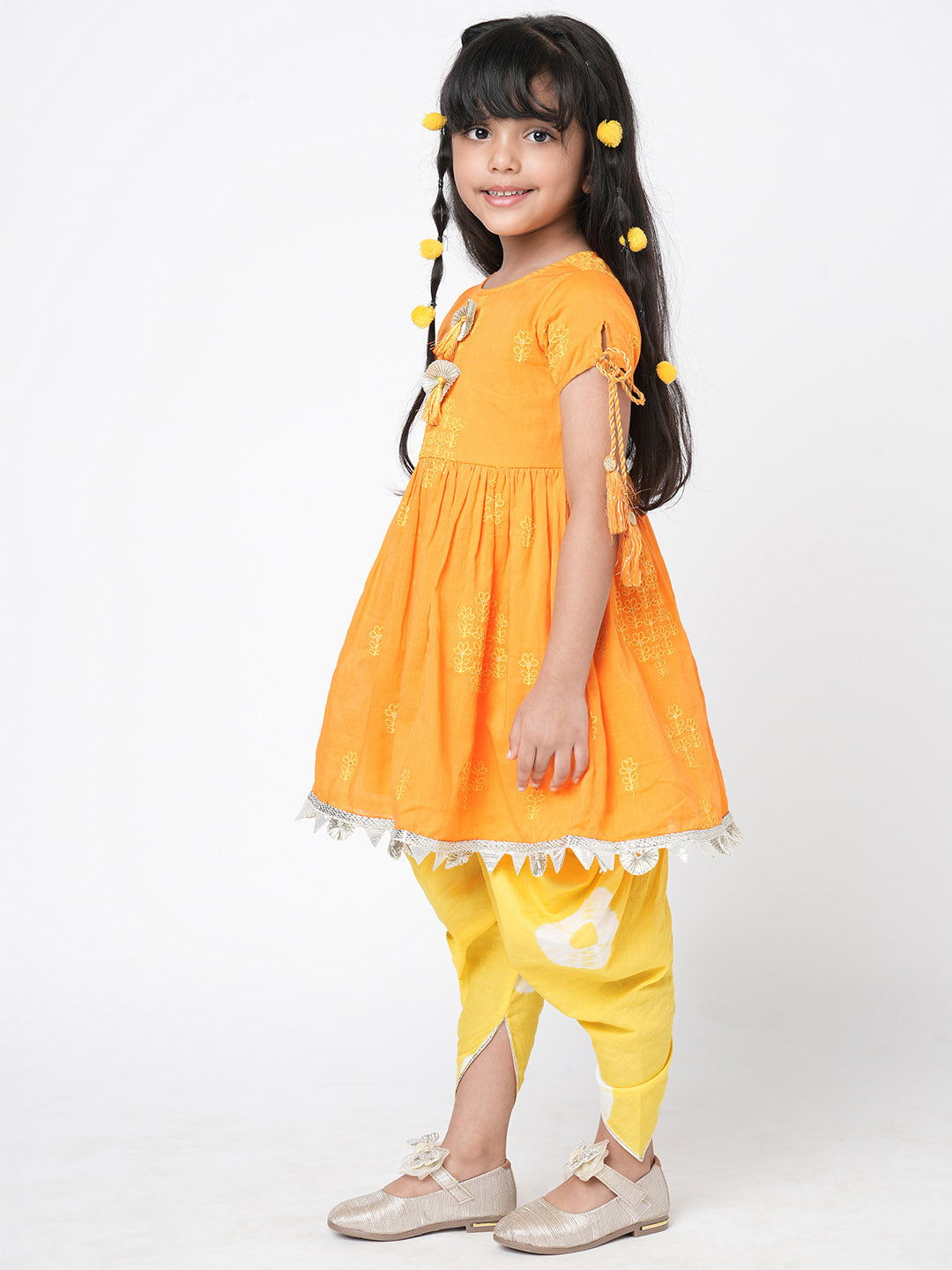 Marigold Magic Girls Orange Embroidered Kurta with Dhoti set