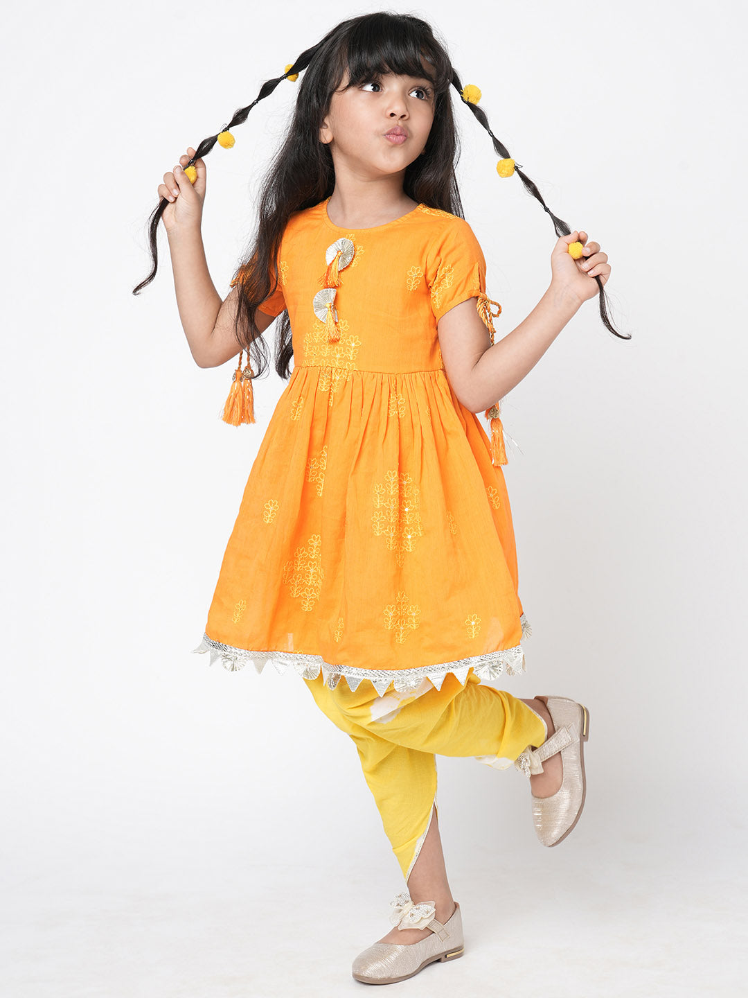 Marigold Magic Girls Orange Embroidered Kurta with Dhoti set