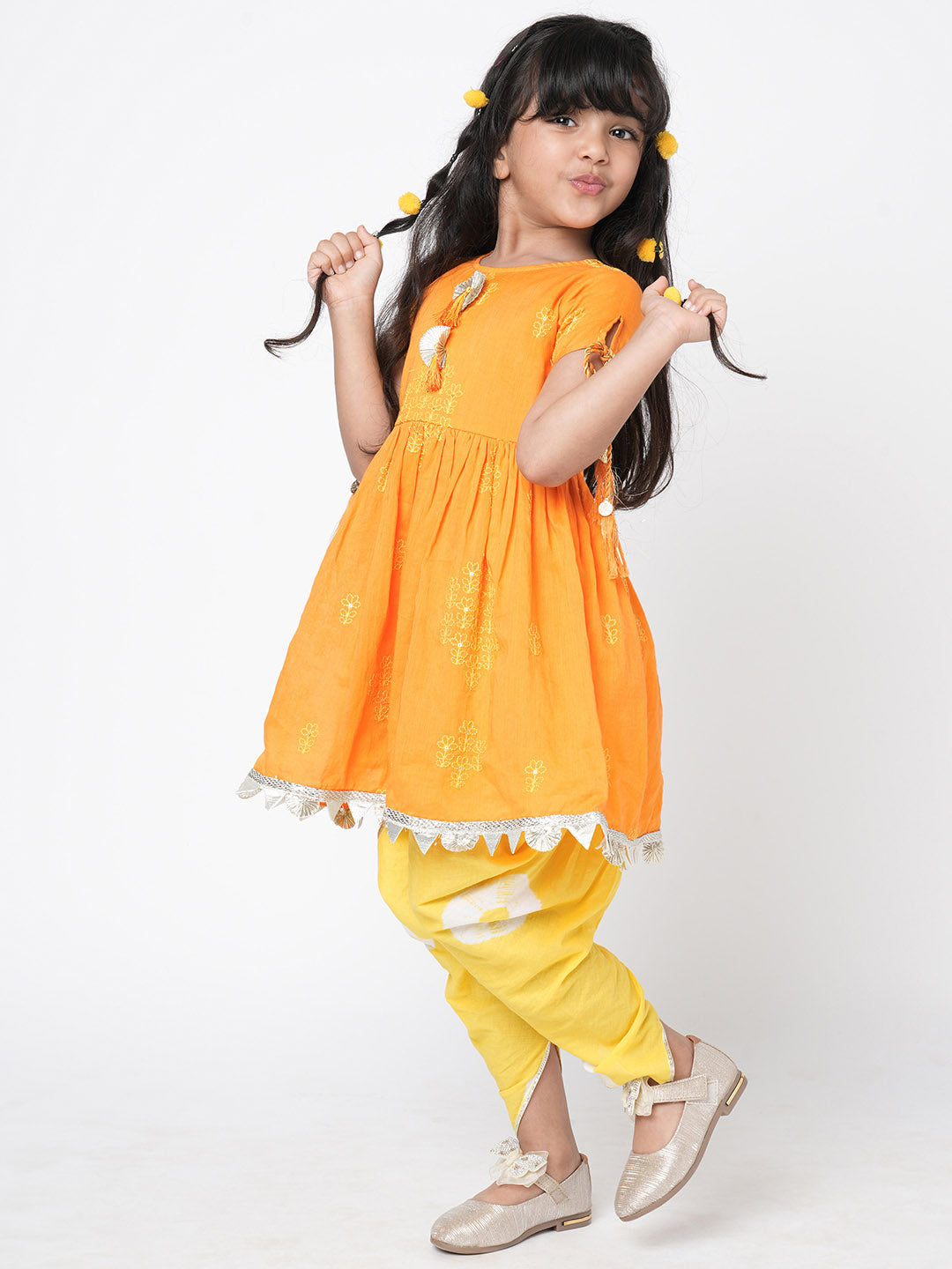 Marigold Magic Girls Orange Embroidered Kurta with Dhoti set