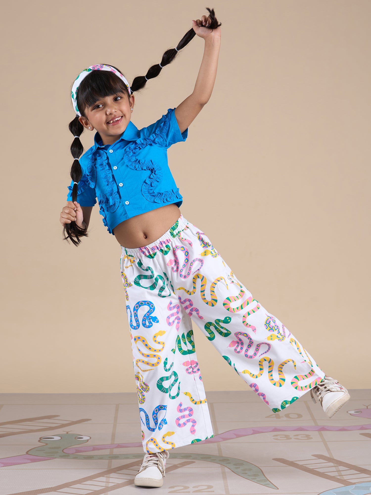 Board game inspired Girls Blue Shirt and Multi Color Snake Print Pant Set