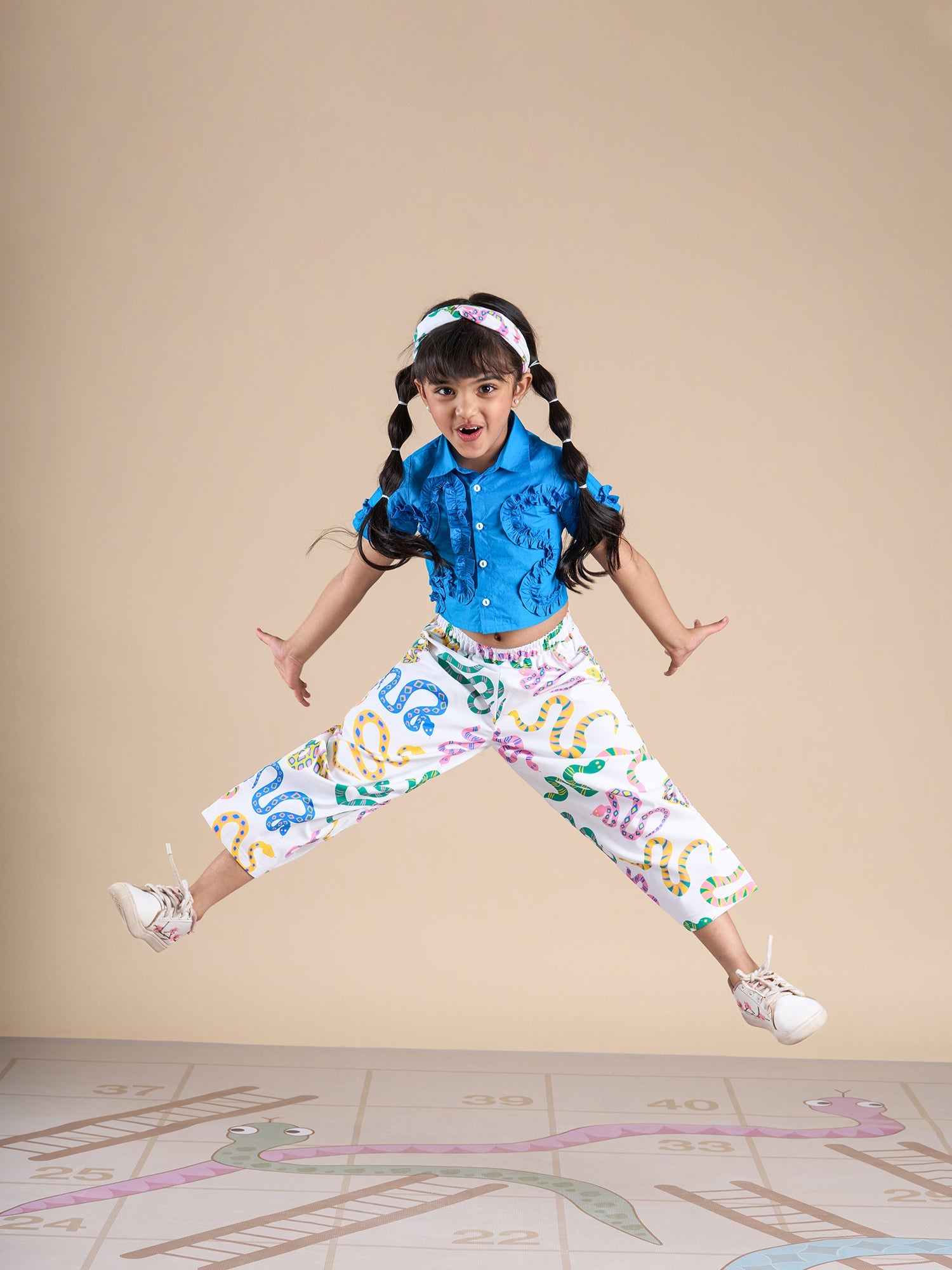 Board game inspired Girls Blue Shirt and Multi Color Snake Print Pant Set