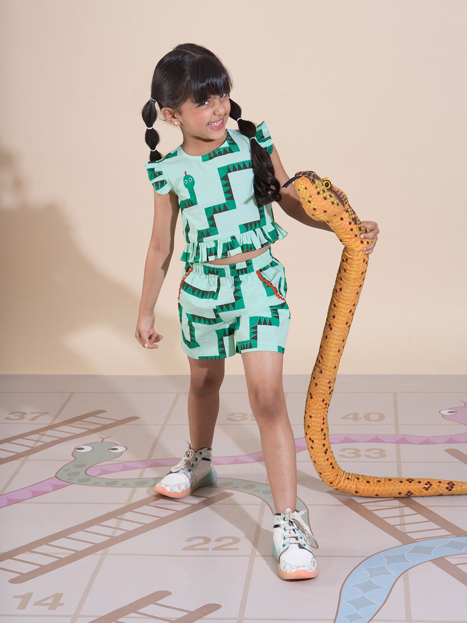 Board game inspired Girls Green Table Print Top and Shorts Sets