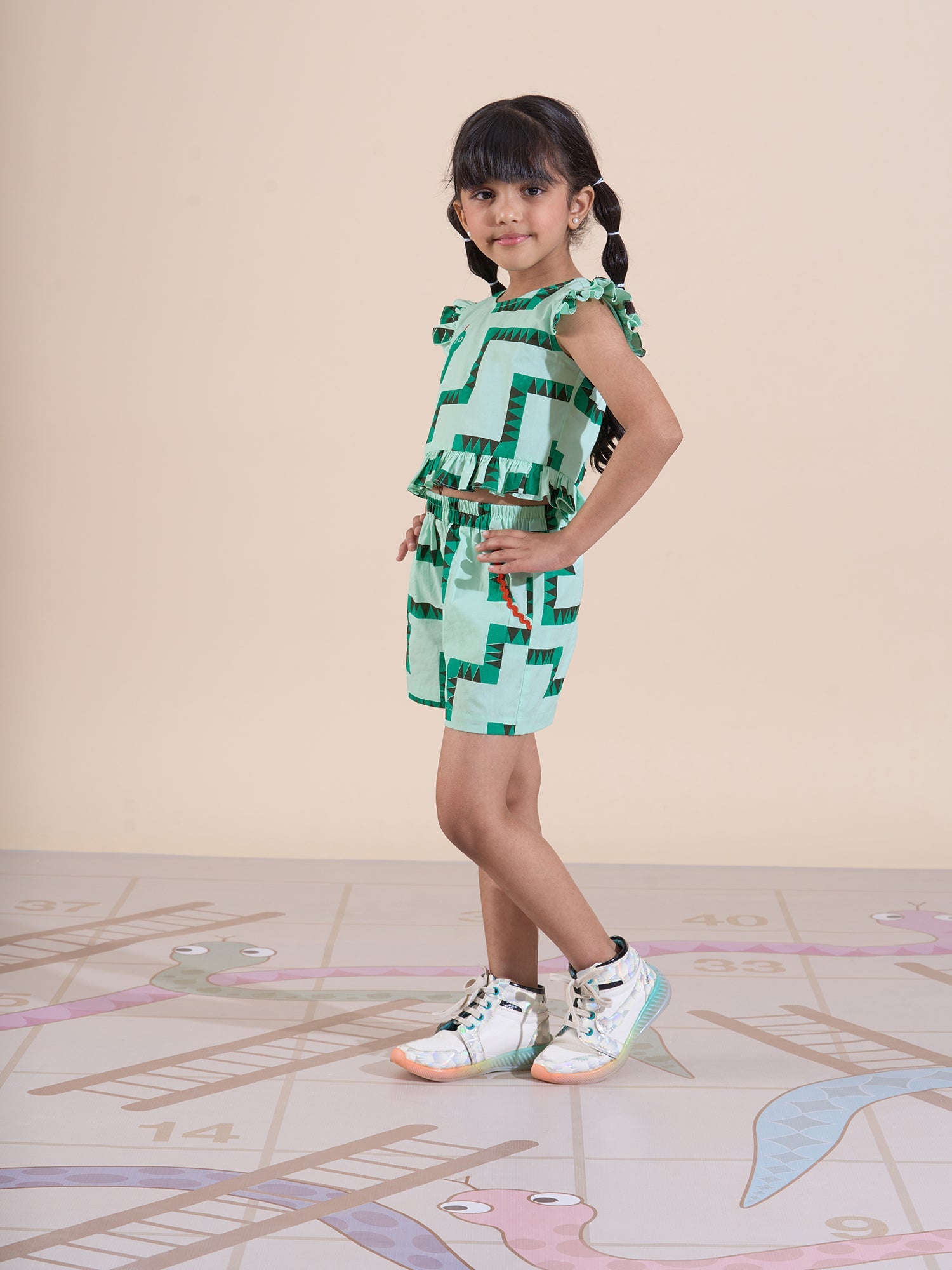 Board game inspired Girls Green Table Print Top and Shorts Sets