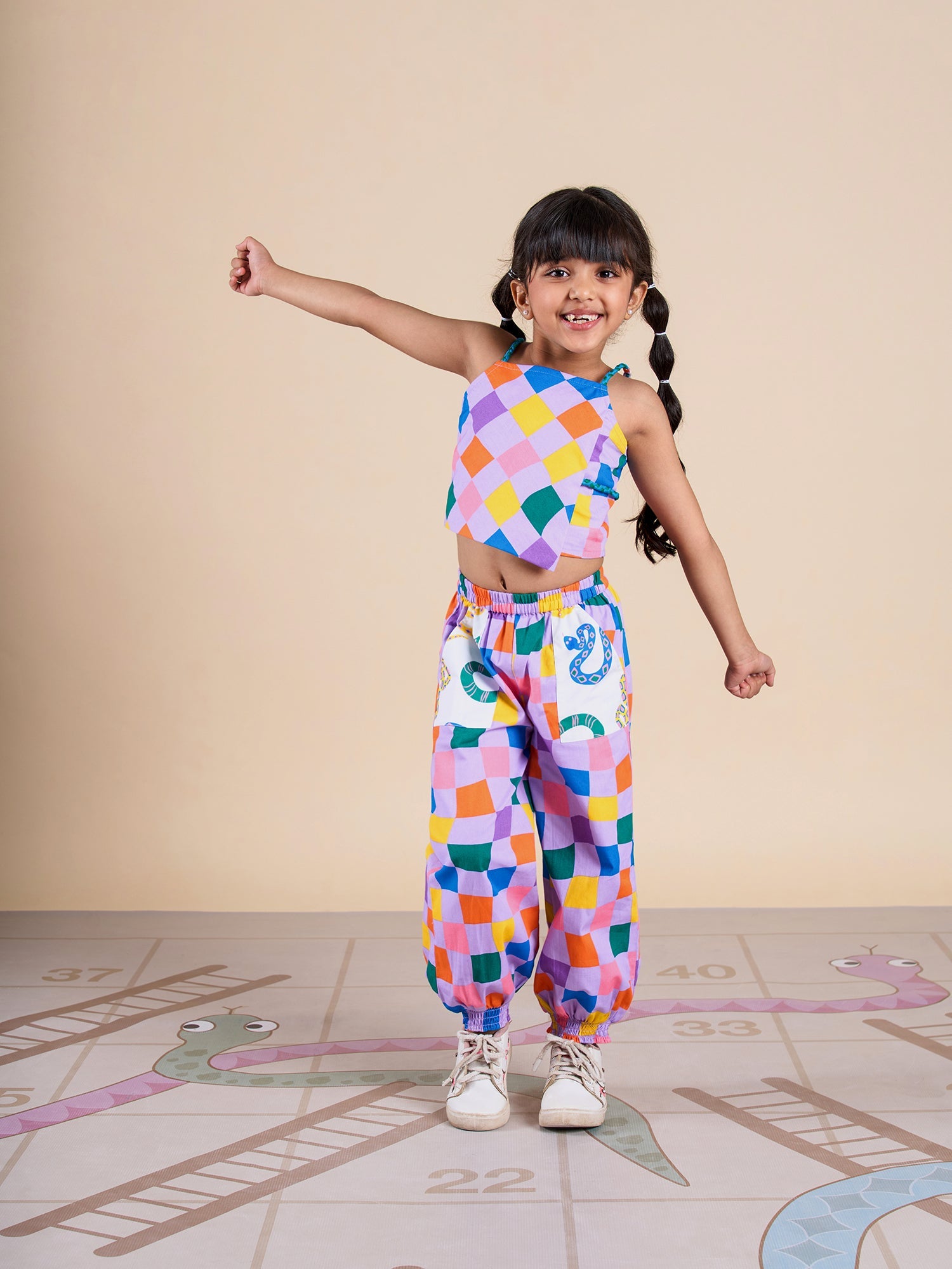 Board game inspired Girls Multi Color Rotary Print Top and Pant Set