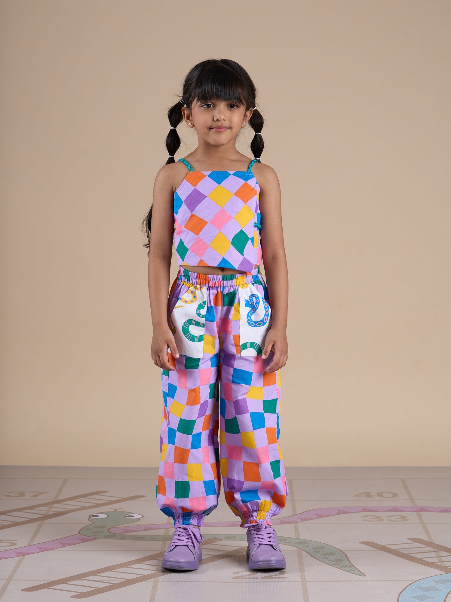 Board game inspired Girls Multi Color Rotary Print Top and Pant Set