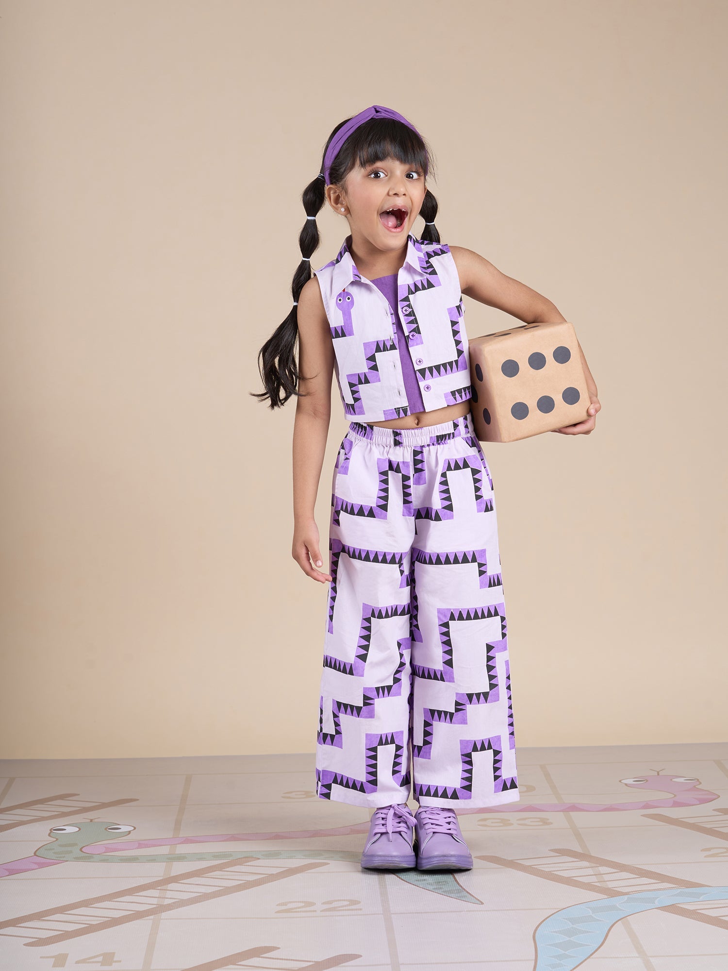 Board game inspired Girls Purple Table Print Top-Bustier and Pant Set