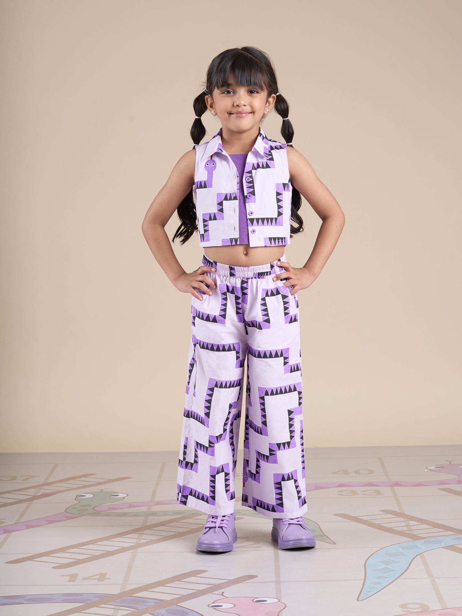 Board game inspired Girls Purple Table Print Top-Bustier and Pant Set