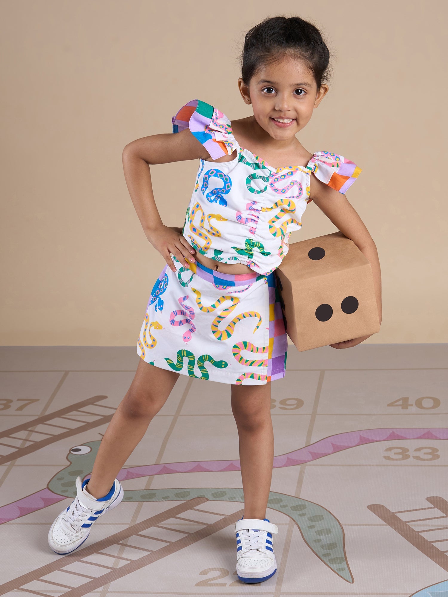 Board game inspired Girls Multi Color Snake Print Top and Shorts Set