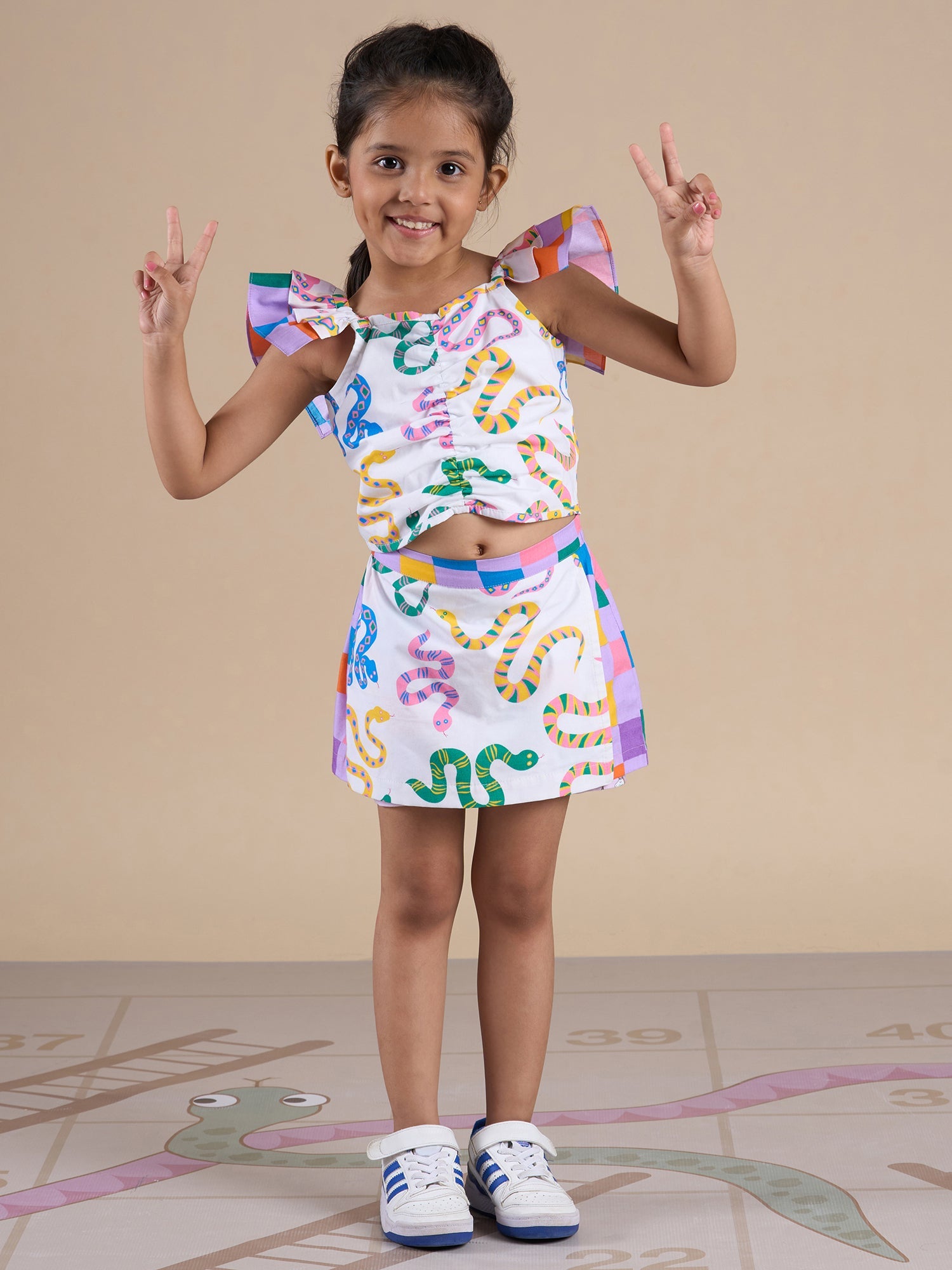 Board game inspired Girls Multi Color Snake Print Top and Shorts Set