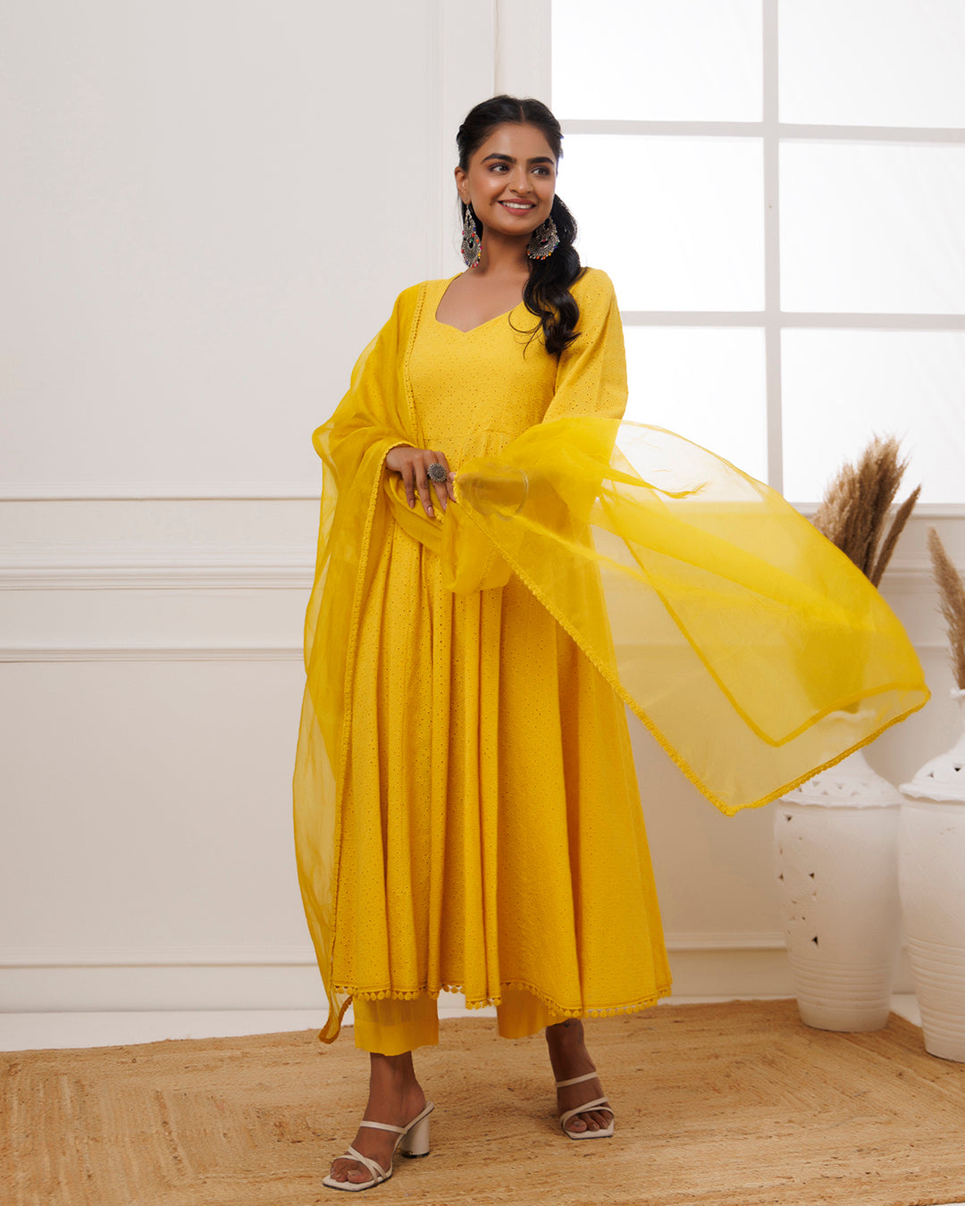 Mustard Schiffili Anarkali Suit Set