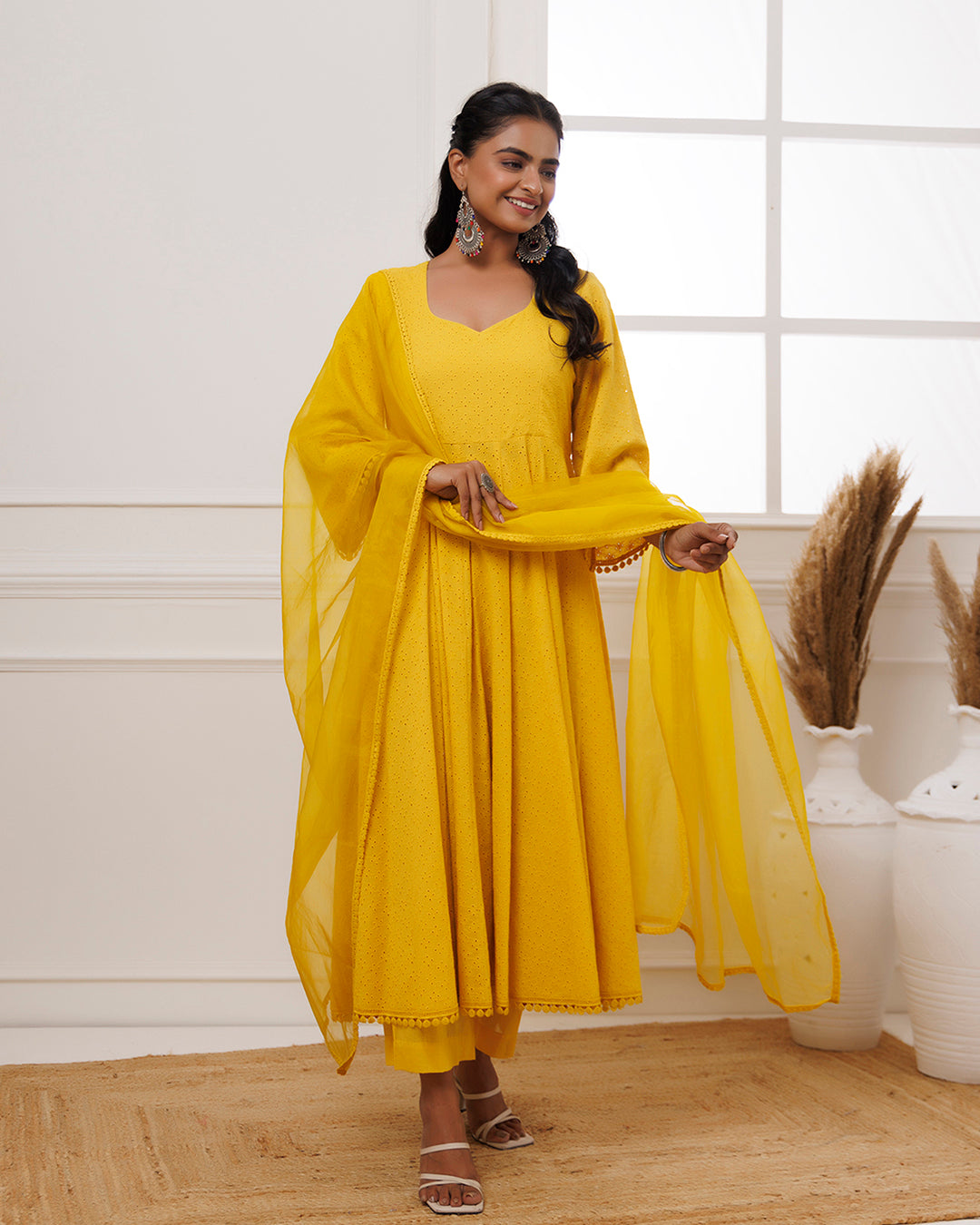 Mustard Schiffili Anarkali Suit Set