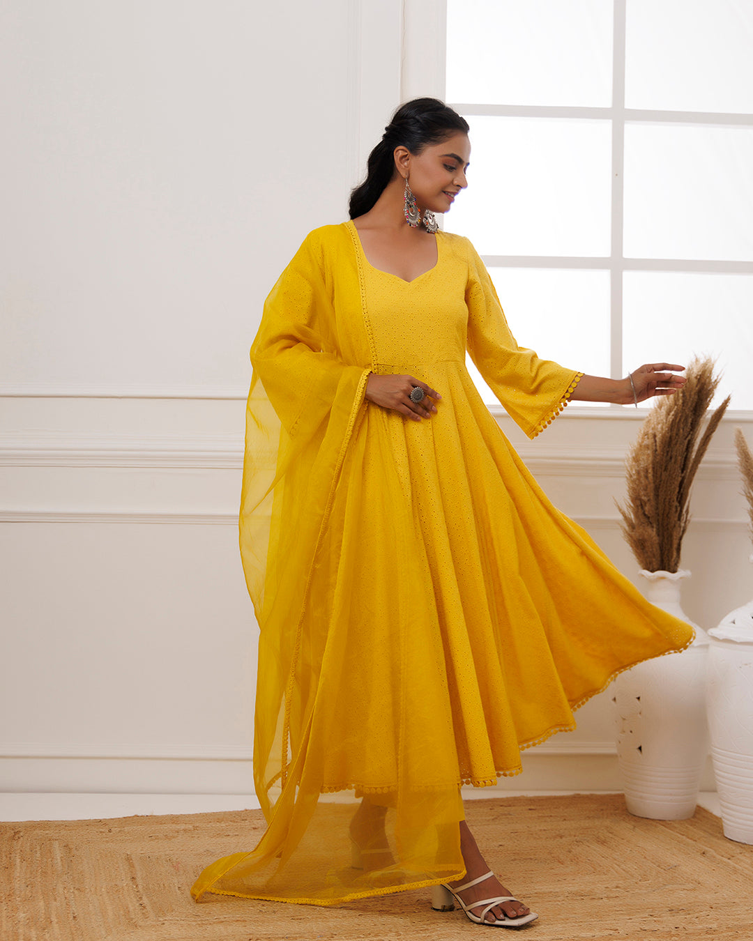 Mustard Schiffili Anarkali Suit Set