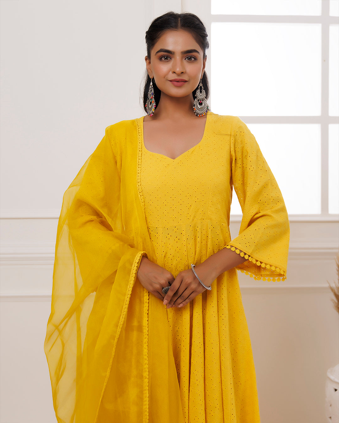 Mustard Schiffili Anarkali Suit Set