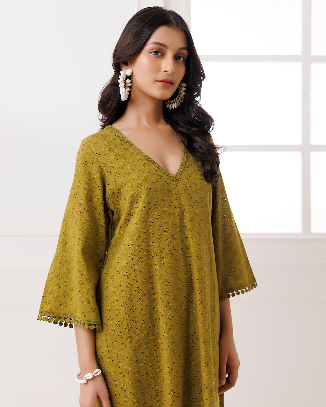 Olive Green Schiffili Kurta Set