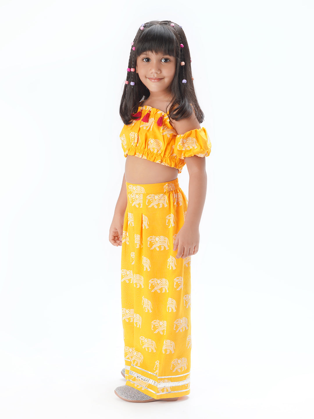 Trunk Tales Girls Yellow Crop Top with Pants Girls Co-ordinate set