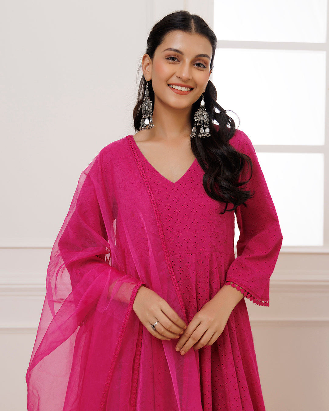 Pink Schiffili Anarkali Suit Set