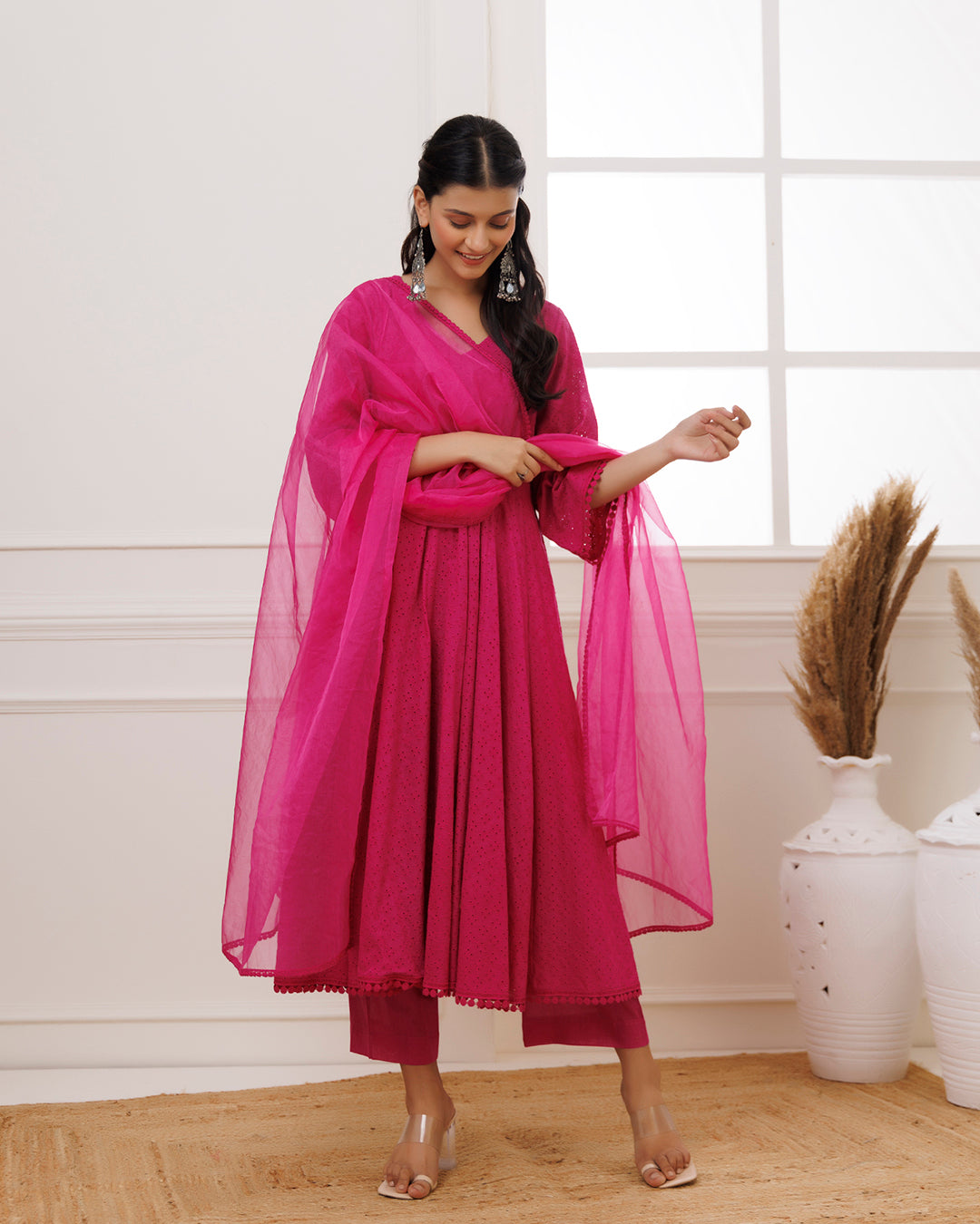 Pink Schiffili Anarkali Suit Set