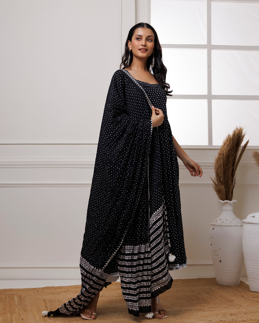 Qala Black Polka Dot Block Printed Anarkali Suit Set