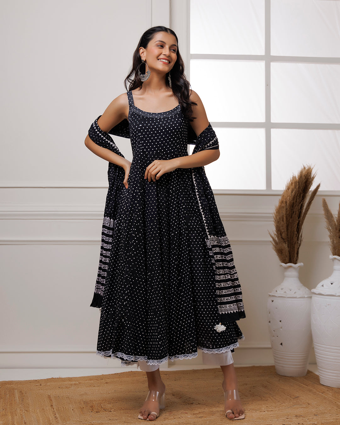 Qala Black Polka Dot Block Printed Anarkali Suit Set