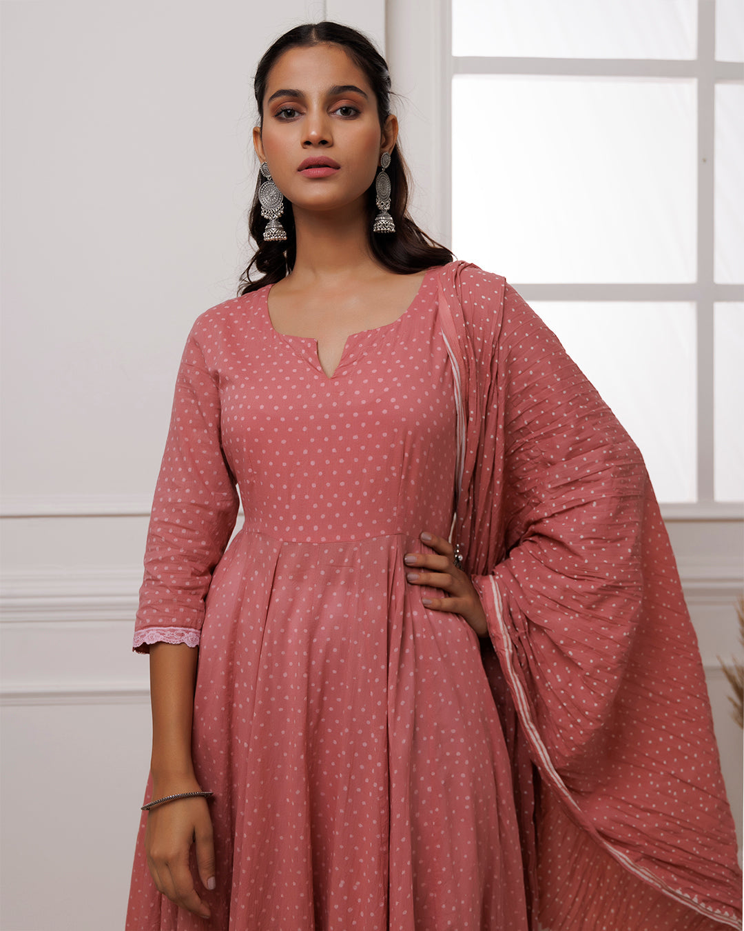 Qala Coral Polka Dot Block Printed Anarkali Suit Set