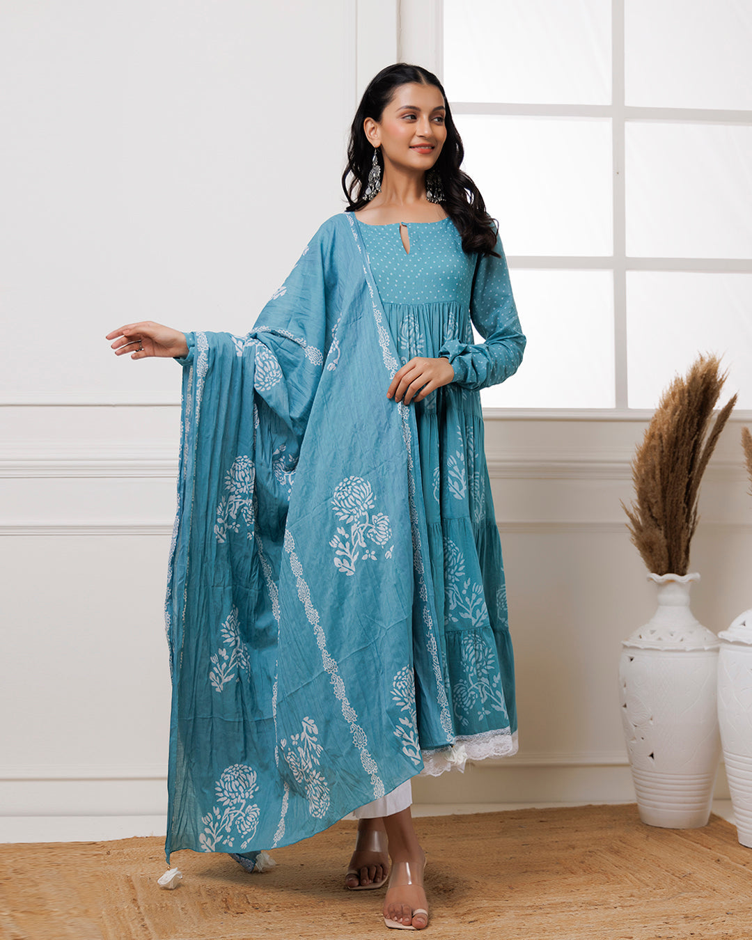 Qala Turquoise Hand Block Printed Anarkali Suit Set