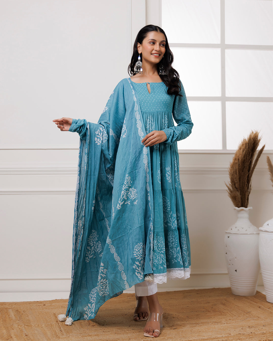 Qala Turquoise Hand Block Printed Anarkali Suit Set