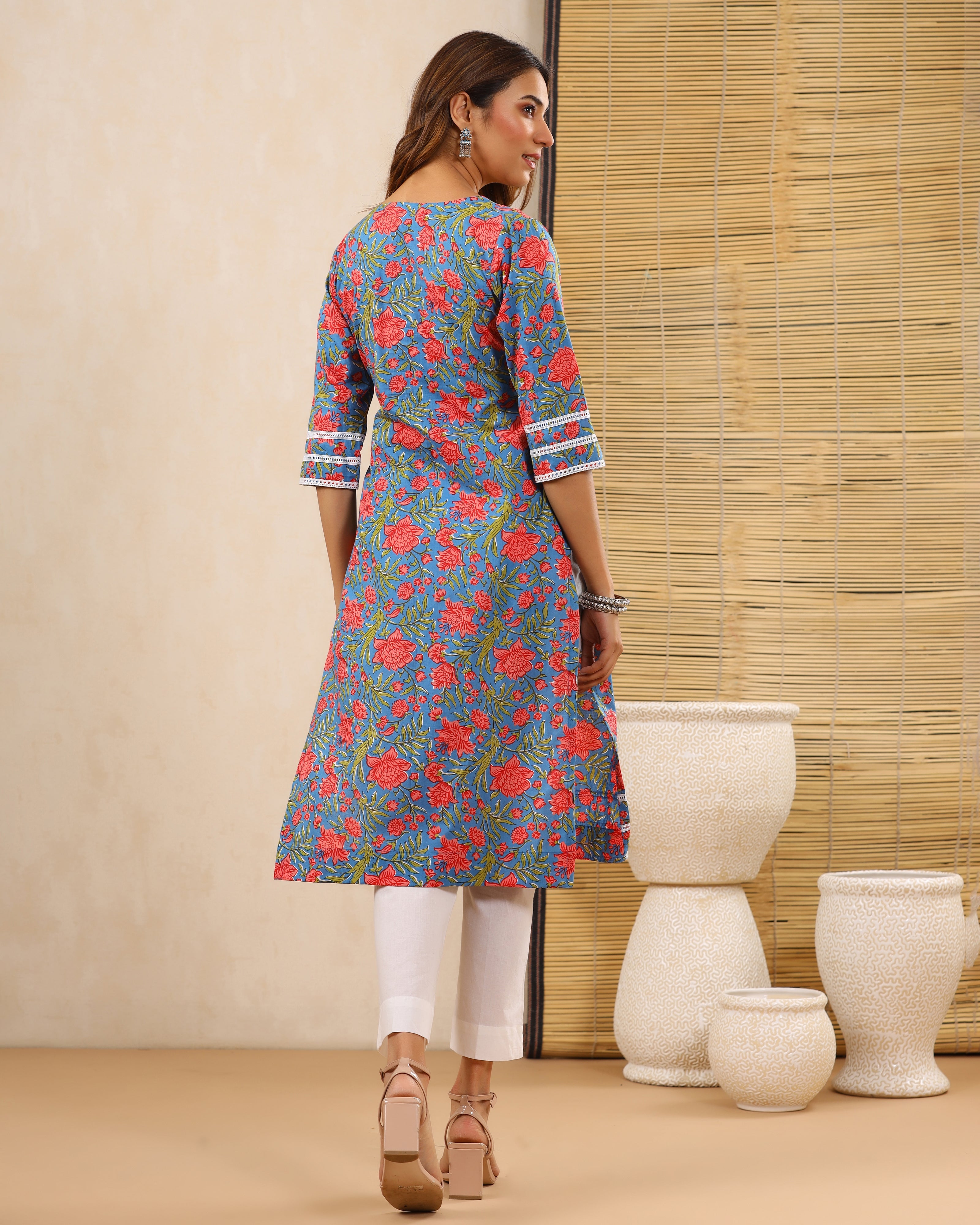 Bahaar Blue Block print Kurti with Crochet lace