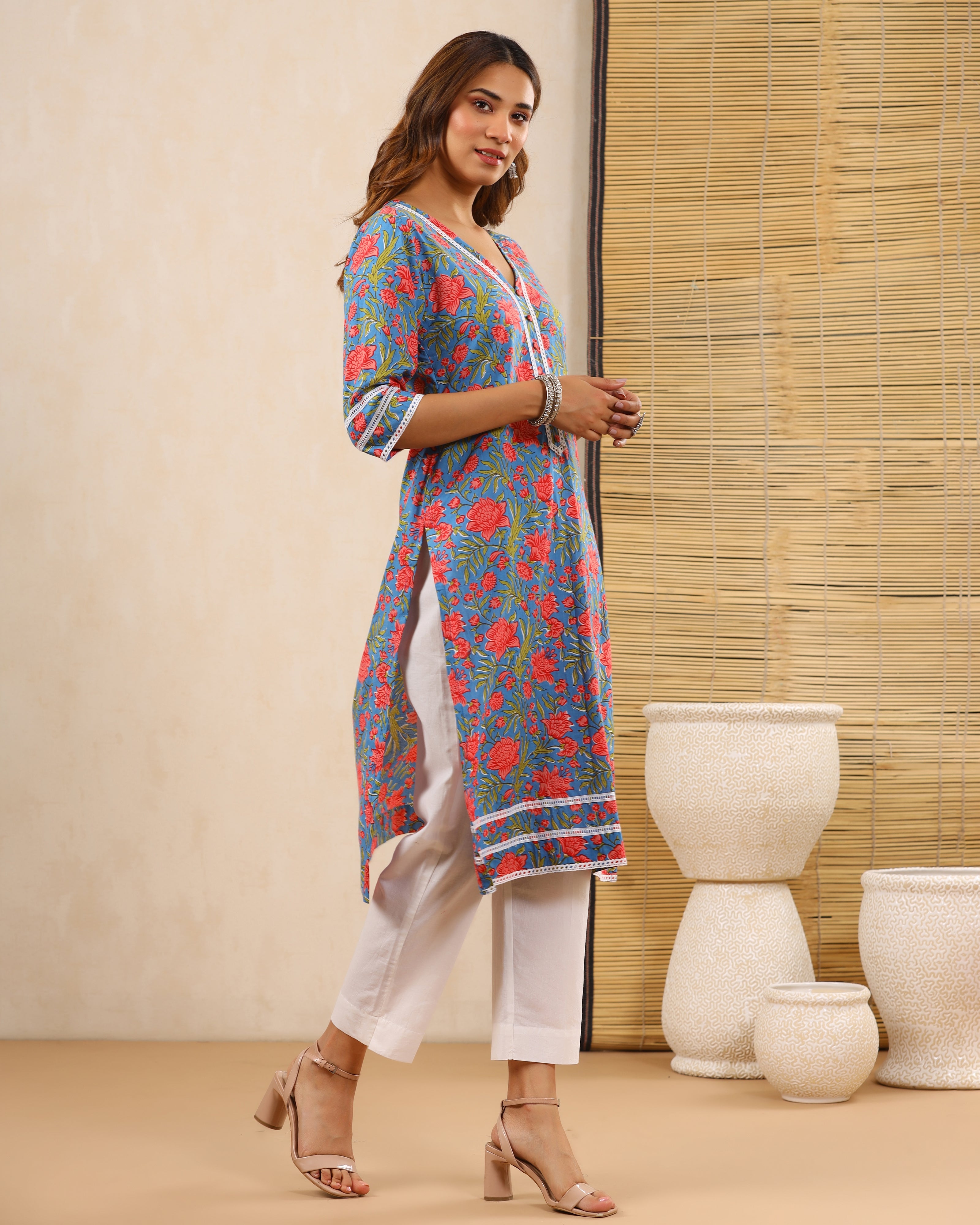 Bahaar Blue Block print Kurti with Crochet lace