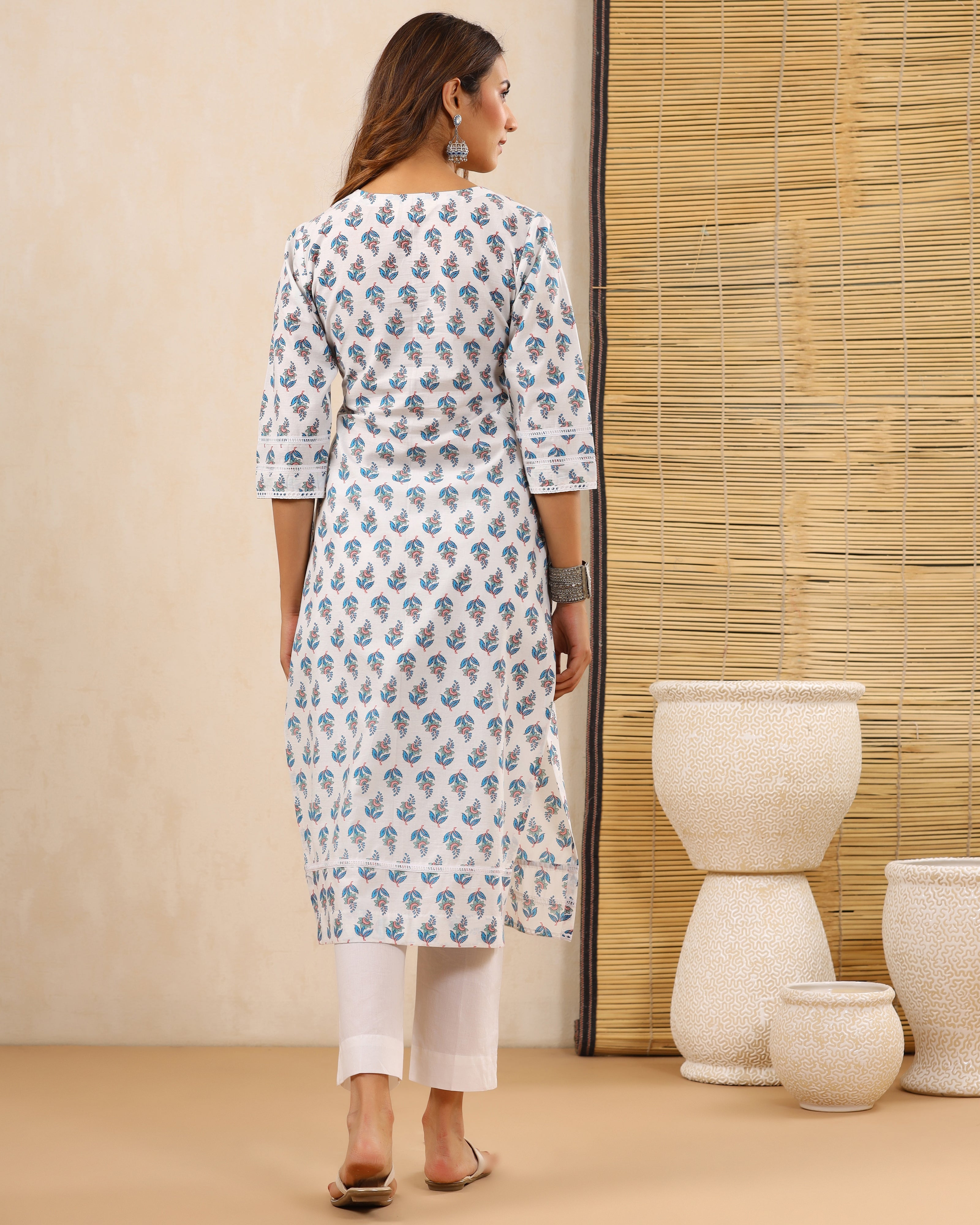 Bahaar White Block print Kurti with Crochet lace