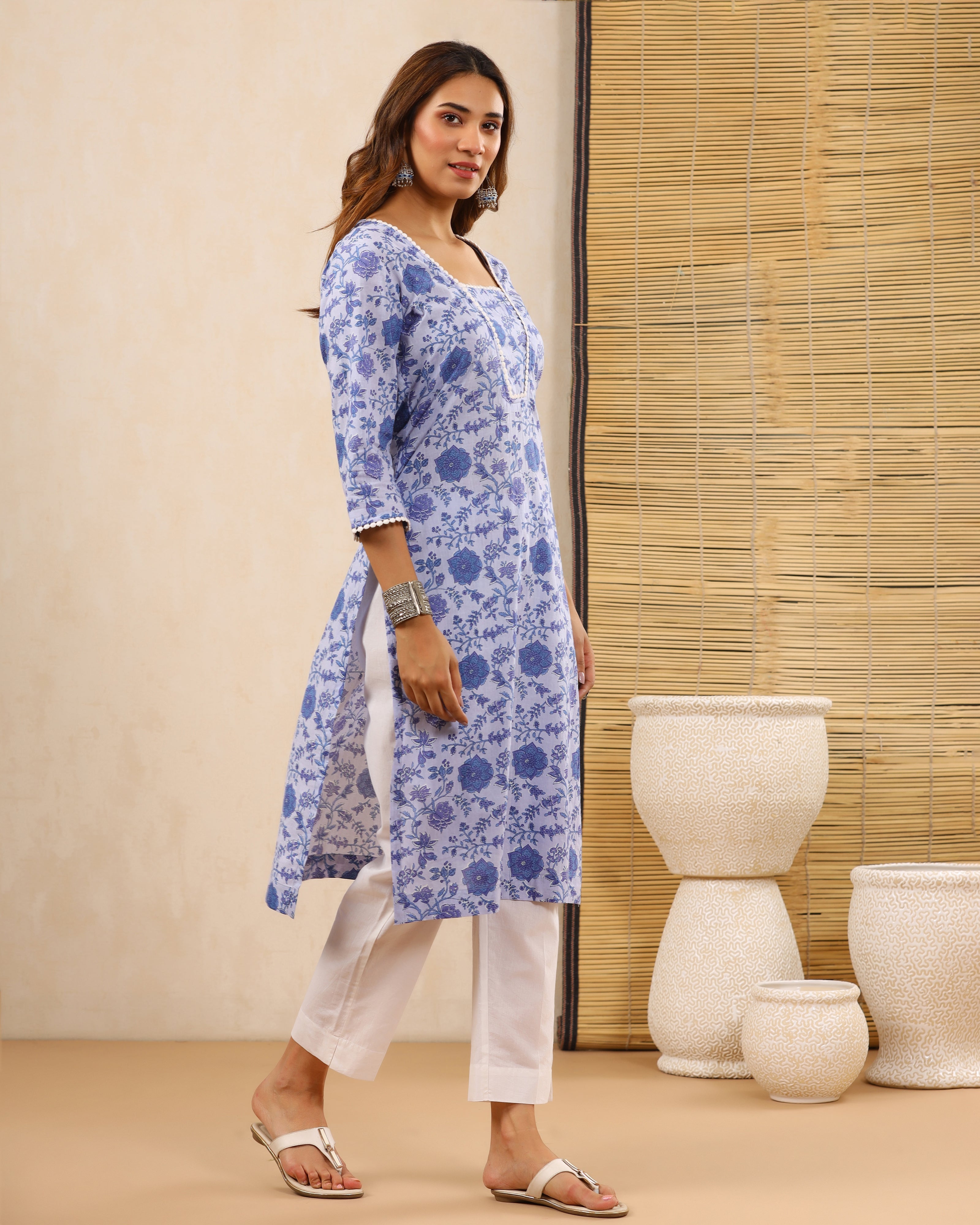 Chaand Lavender Block print Kurti with Crochet lace