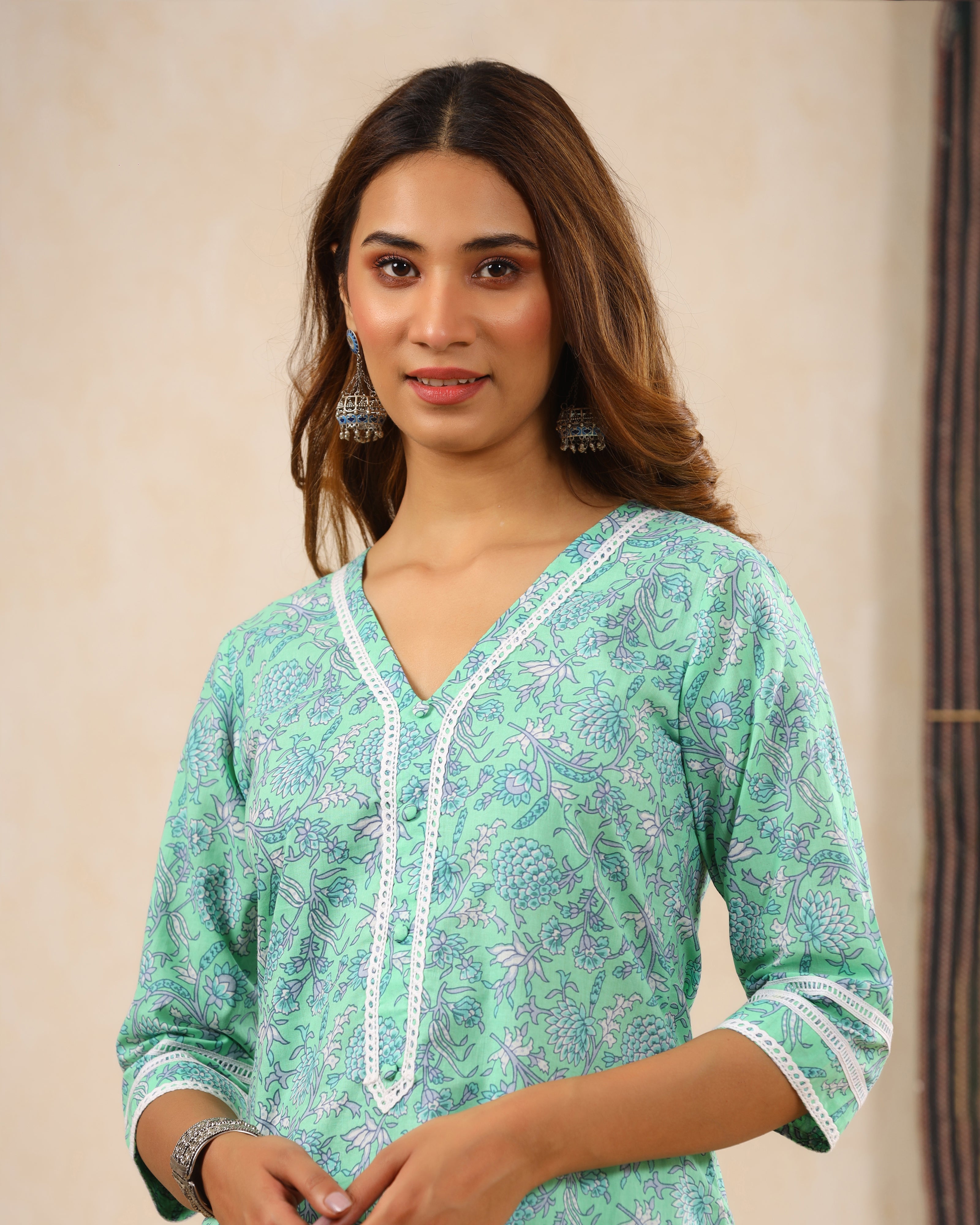 Bahaar Sea Green Block print Kurti with Crochet lace