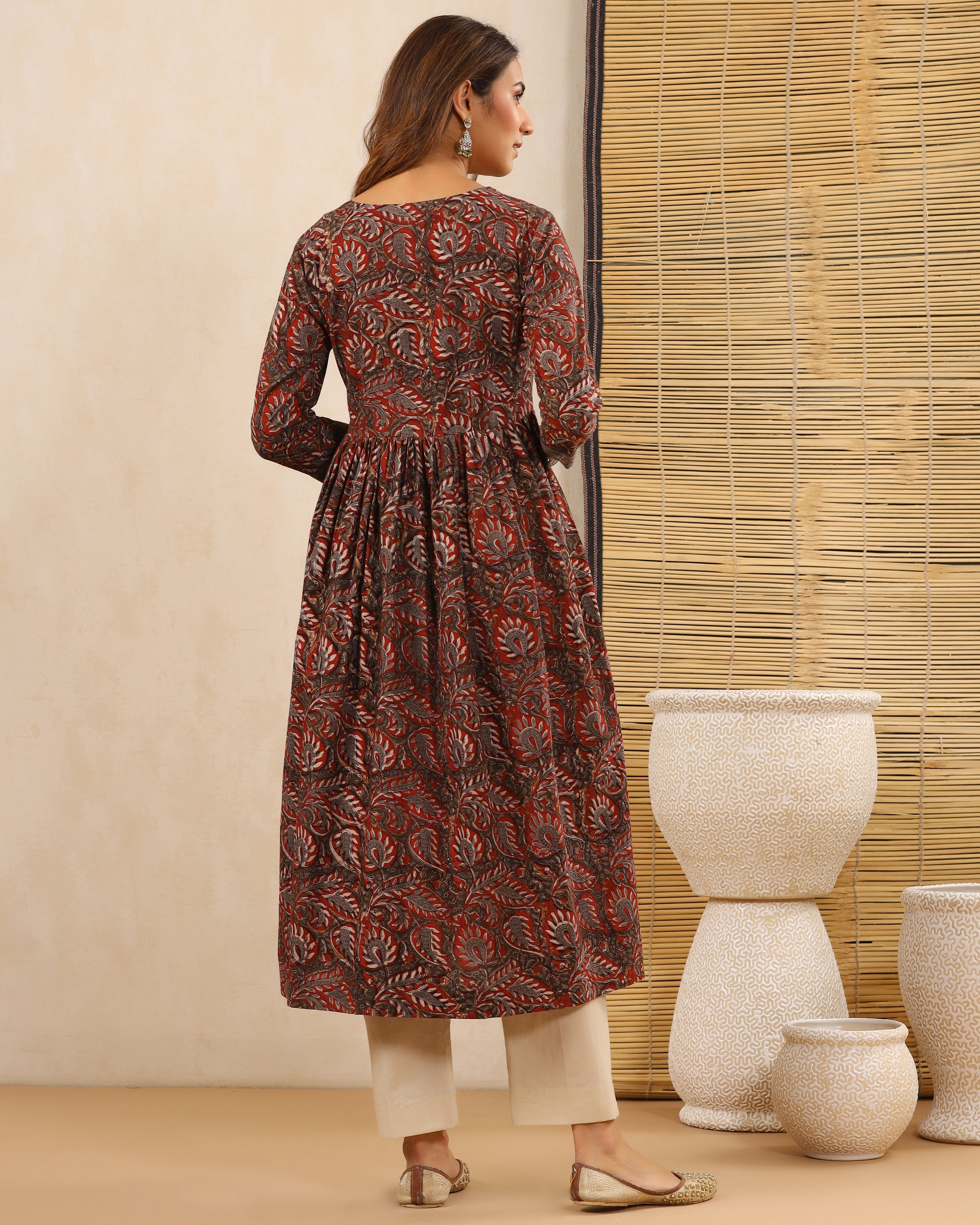 Red Dabu Hand Block Printed Cotton Gathered Kurti