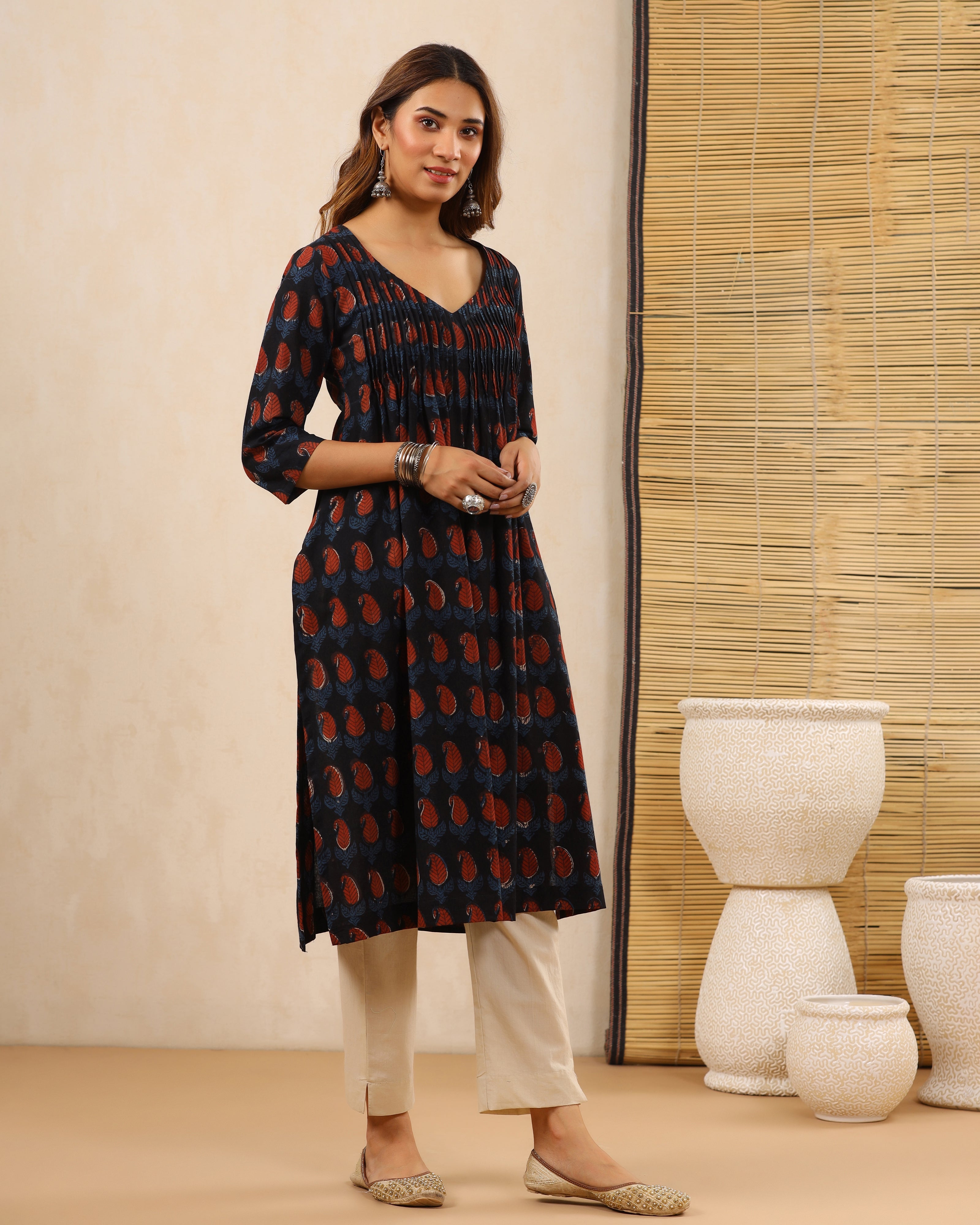 Indigo Red Dabu Hand Block Printed Cotton Pleated Kurti