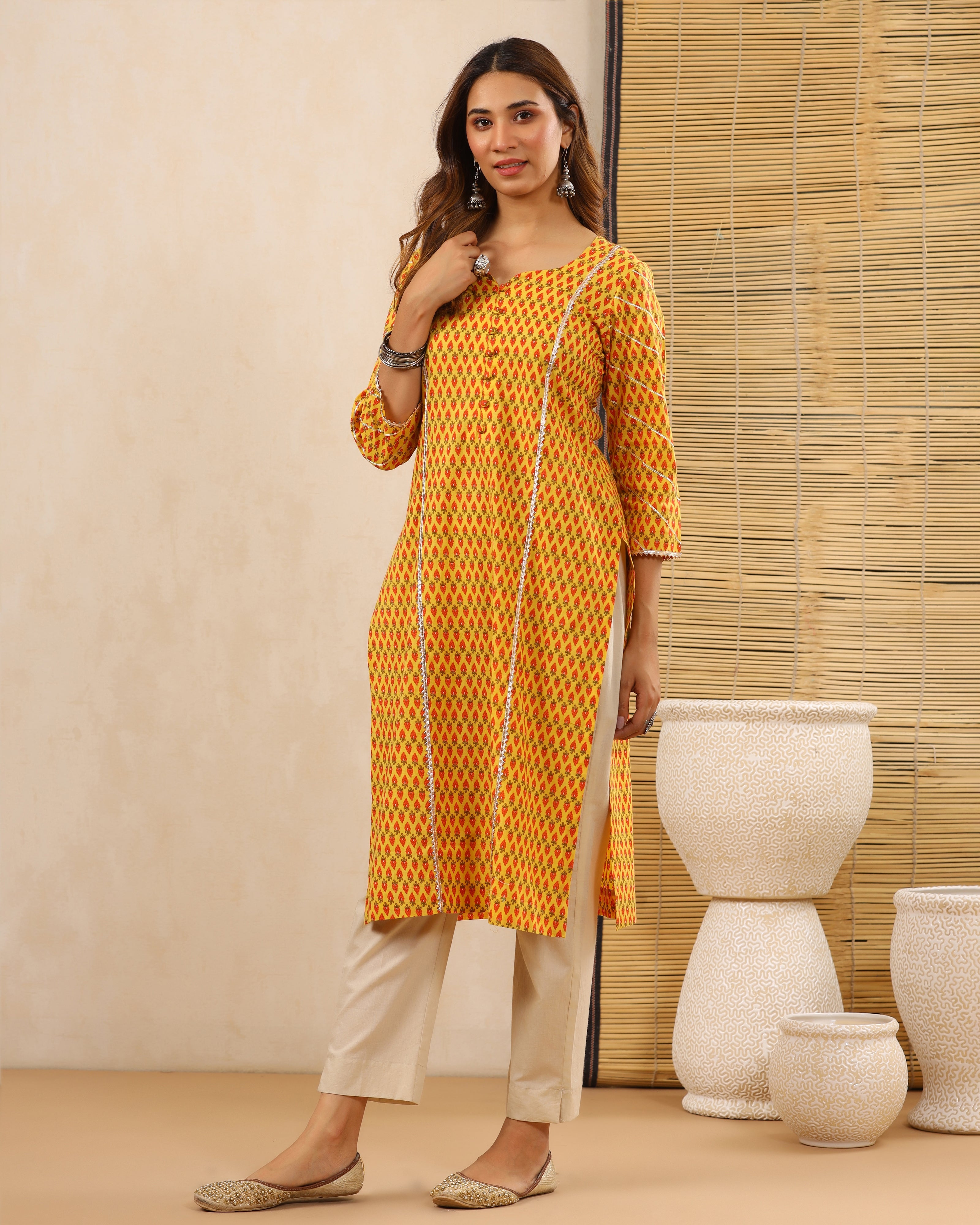 Honey Yellow Block print Kurti with Gota Lace