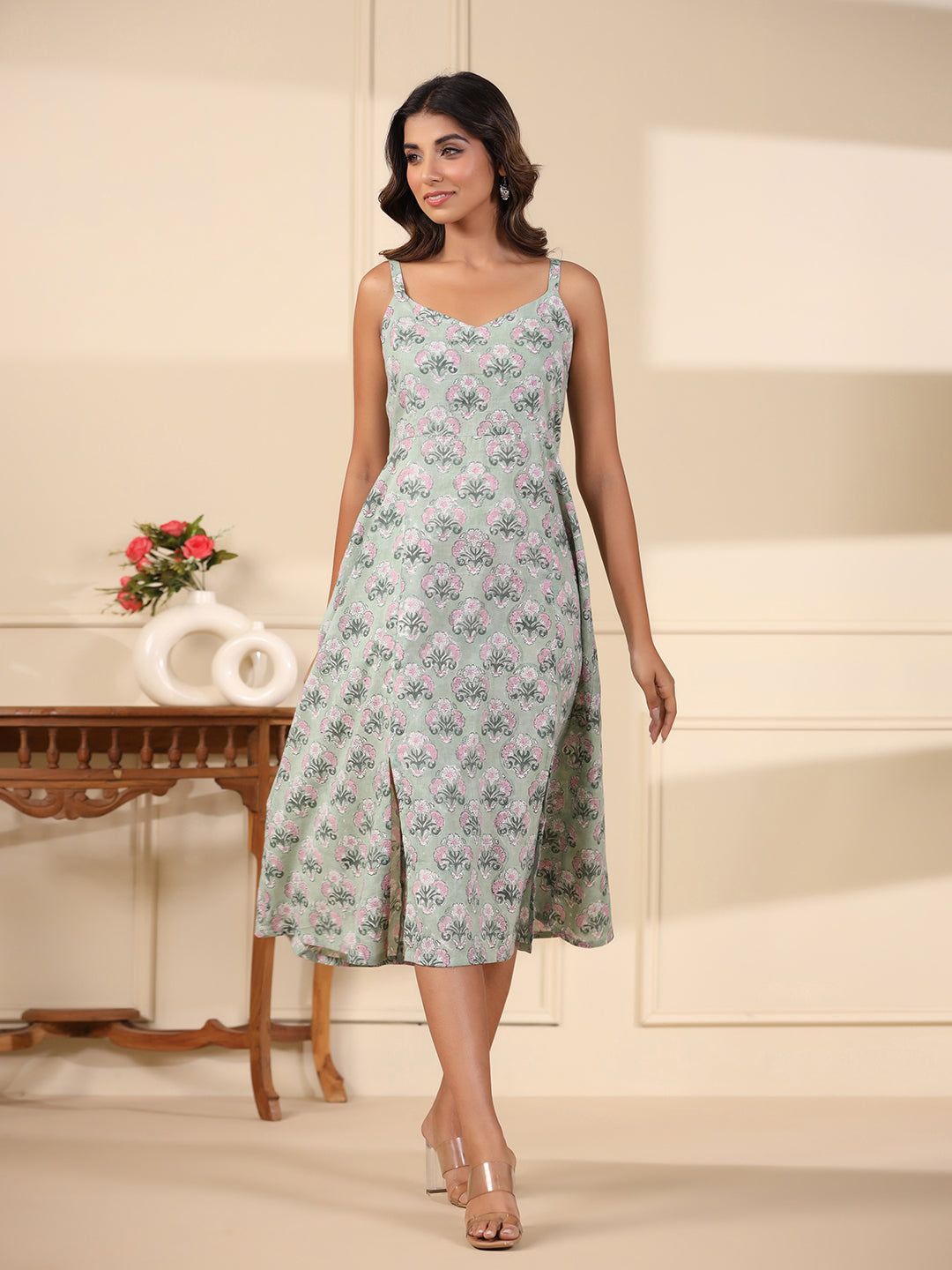 Sea Green Handblock Printed Cotton Dress