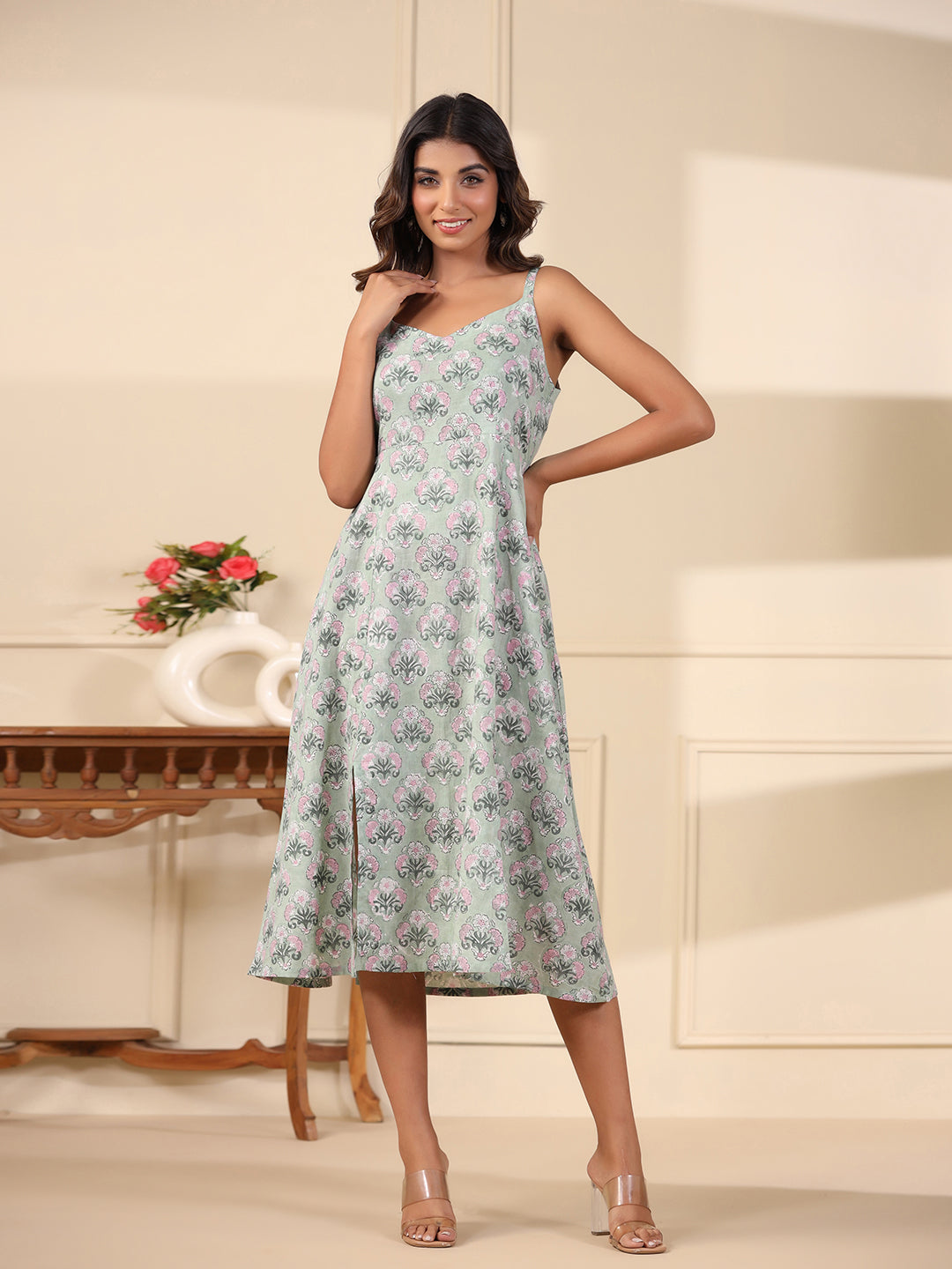 Sea Green Handblock Printed Cotton Dress