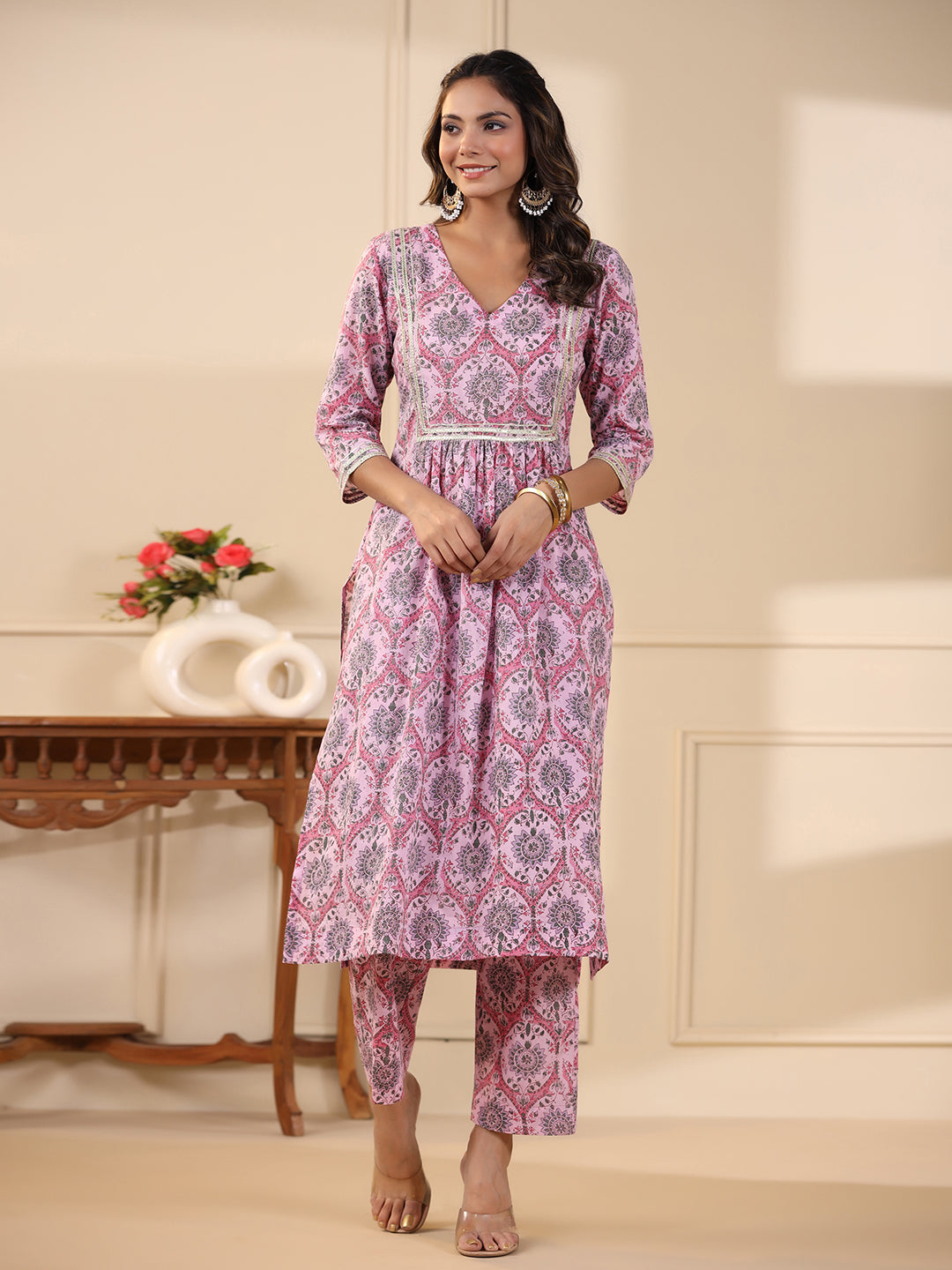 Sadabahaar Pink Jaal Handblock Printed Cotton Kurta Pant Set