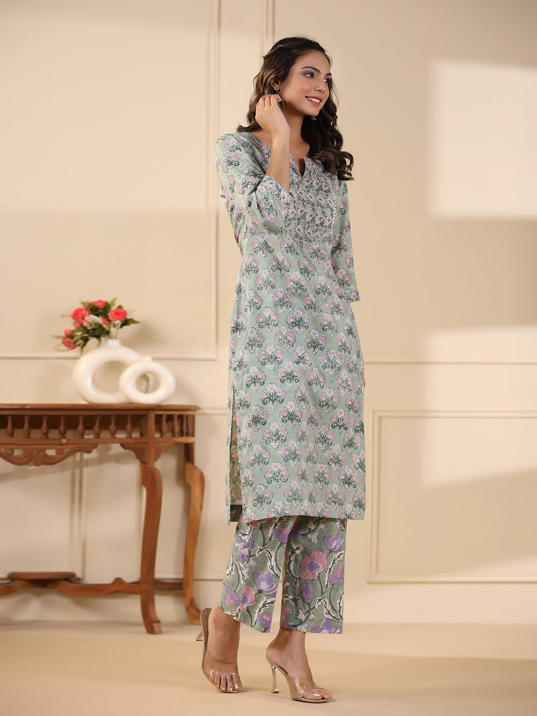 Sadabahaar Sea Green & Pink Butti Handblock Printed Cotton Kurta Pant Set