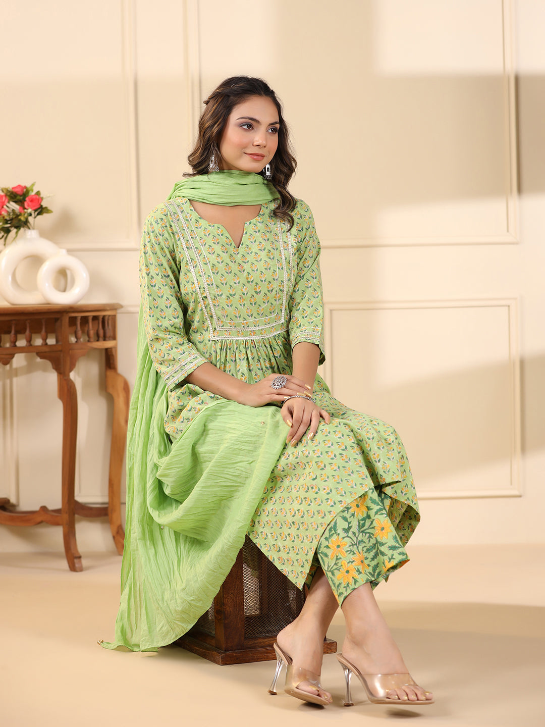 Sadabahaar Mint & Yellow Butti Handblock Printed Cotton Kurta Pant