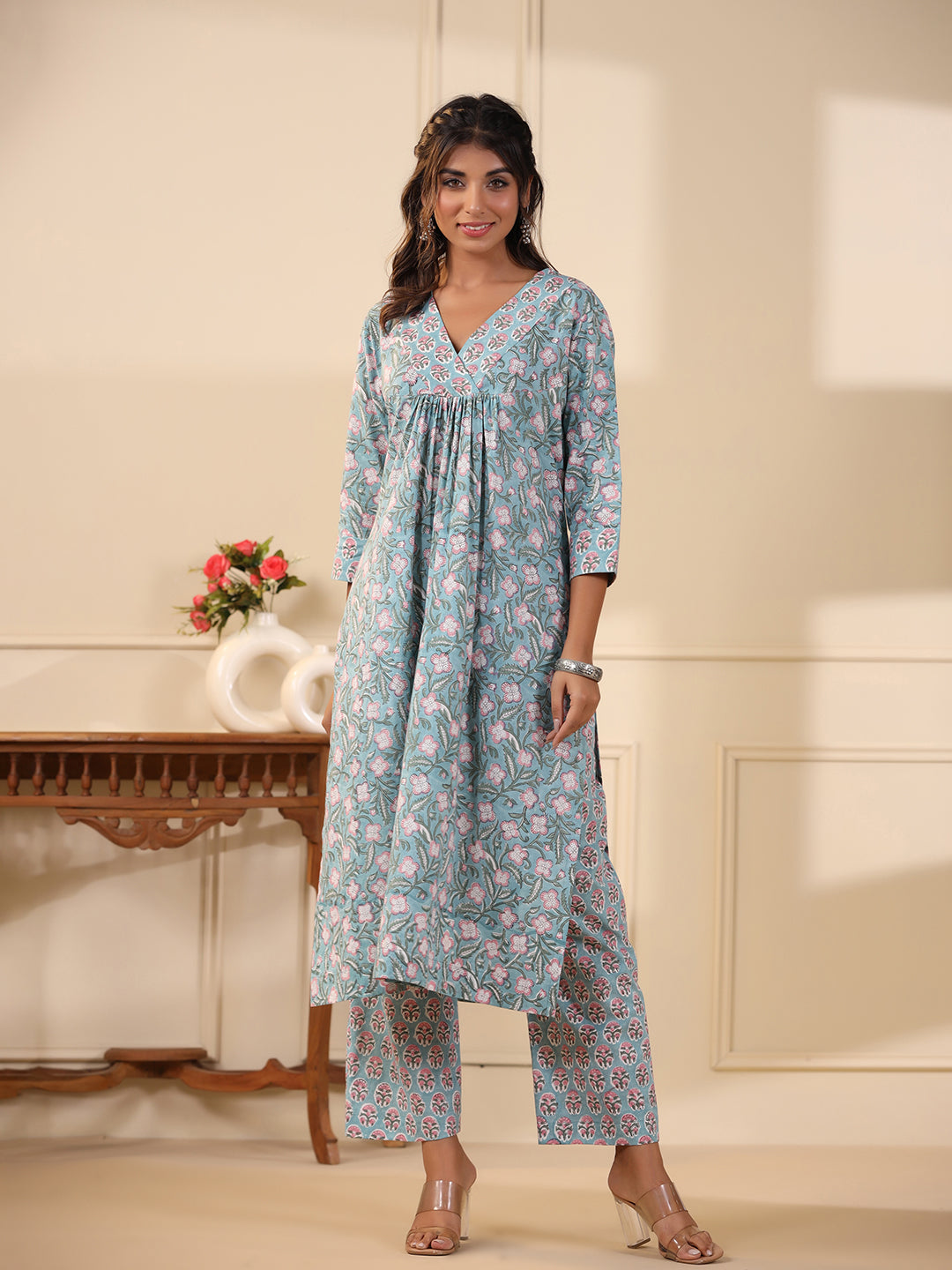 Sadabahaar Aqua & Pink Jaal Handblock Printed Cotton Kurta Pant