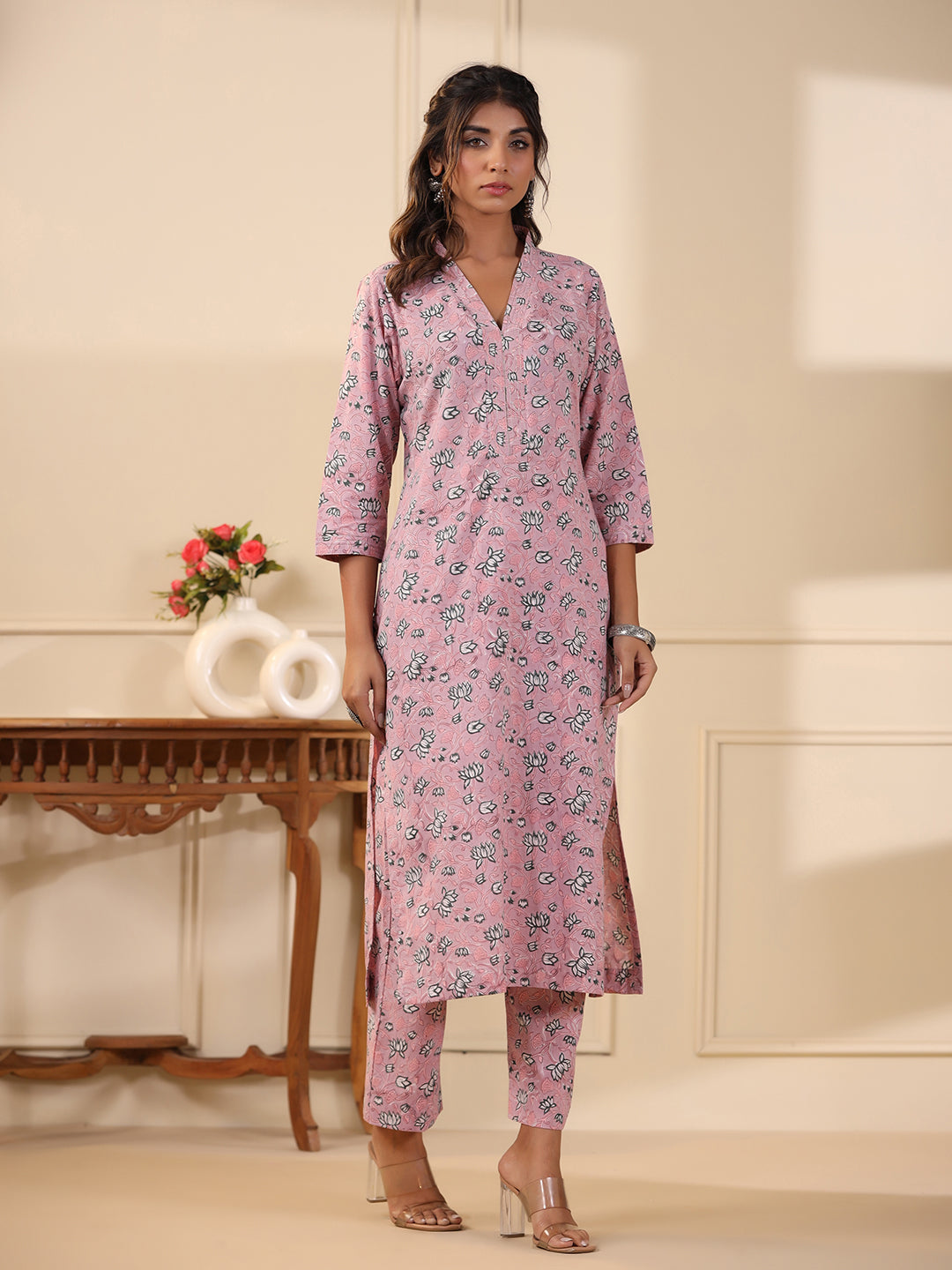 Sadabahaar Rose Pink Jaal Handblock Printed Cotton Kurta Pant