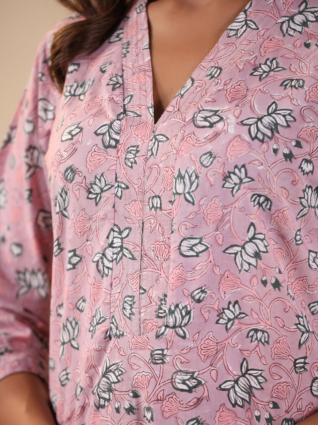 Sadabahaar Rose Pink Jaal Handblock Printed Cotton Kurta Pant