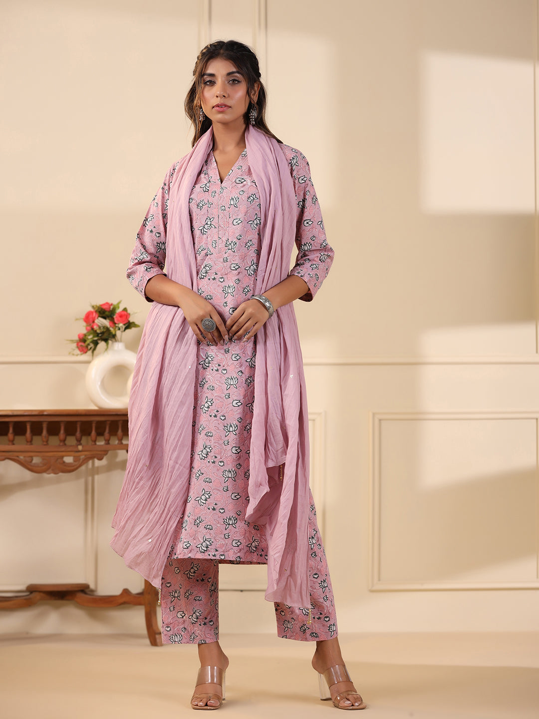 Sadabahaar Rose Pink Jaal Handblock Printed Cotton Kurta Pant