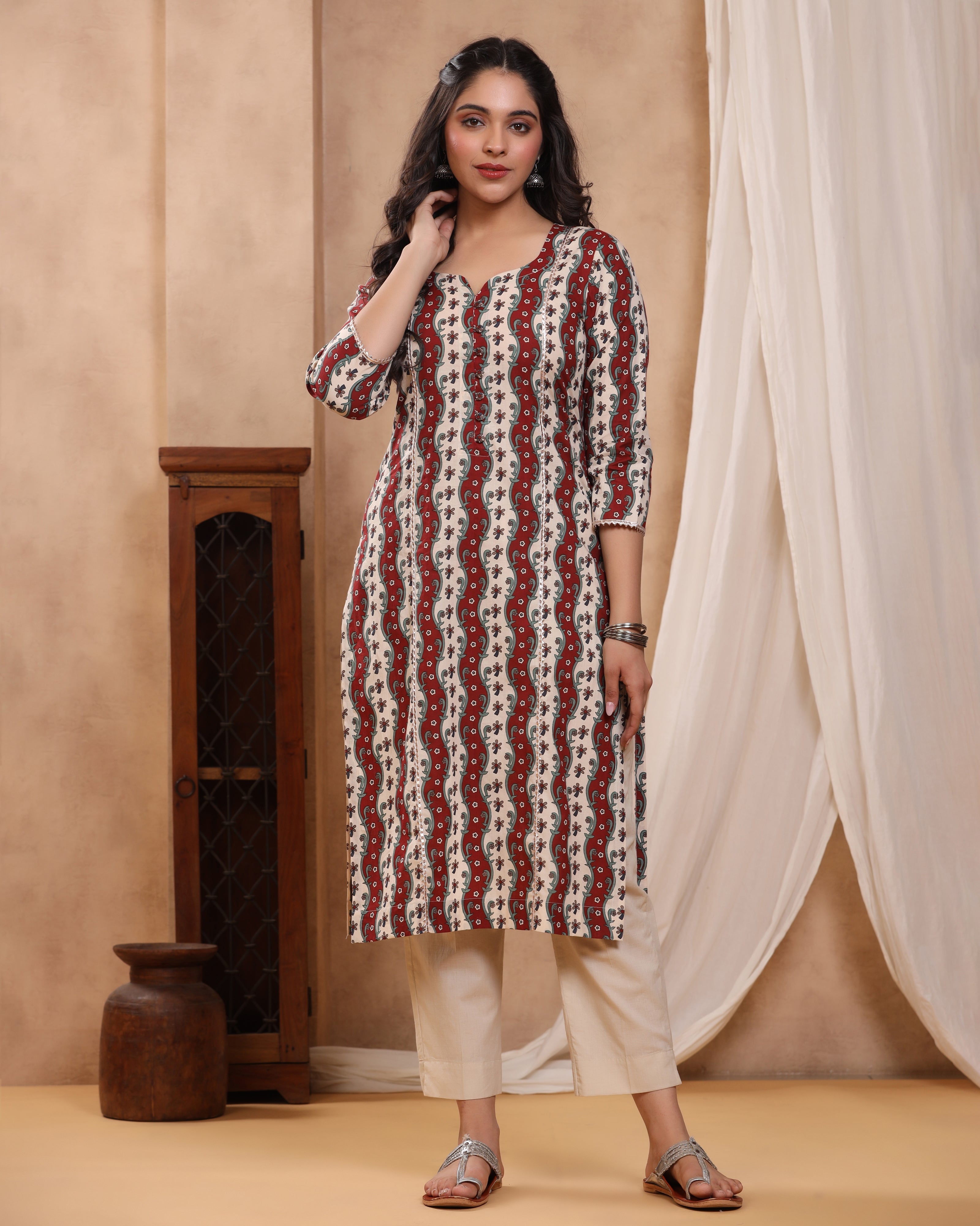 Honey Maroon Block print Kurti with Gota Lace