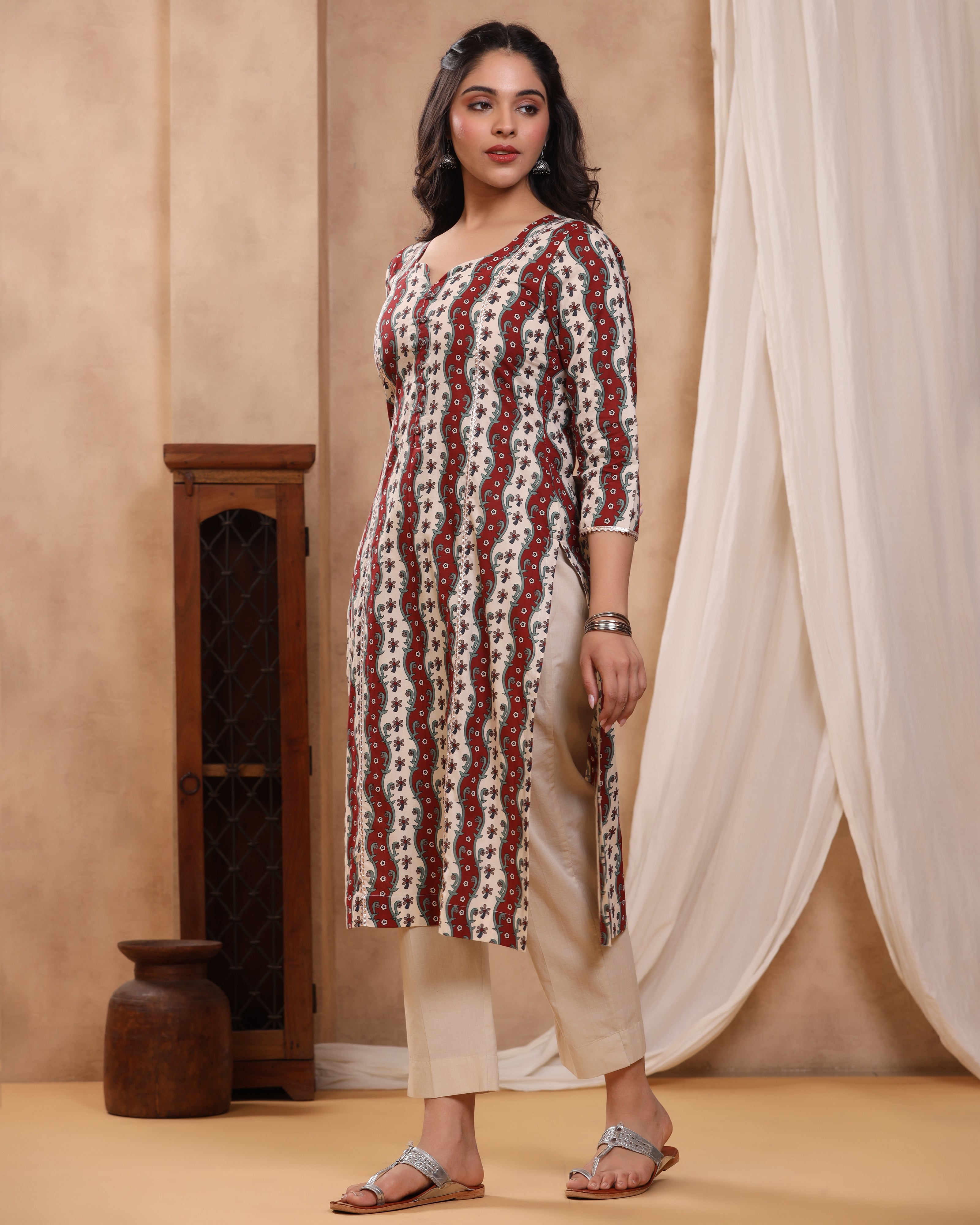 Honey Maroon Block print Kurti with Gota Lace