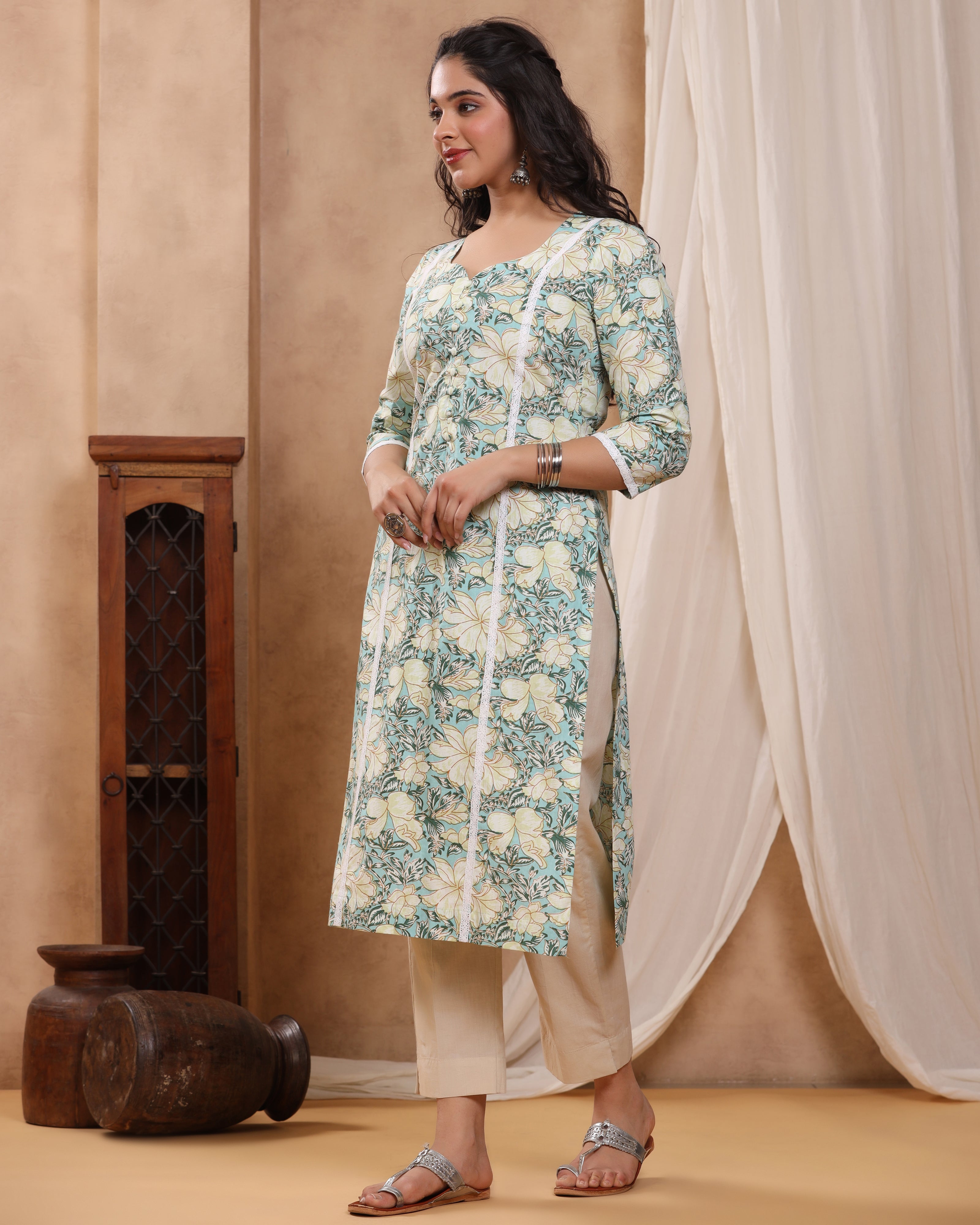 Bahaar Teal Block print Kurti with Crochet lace