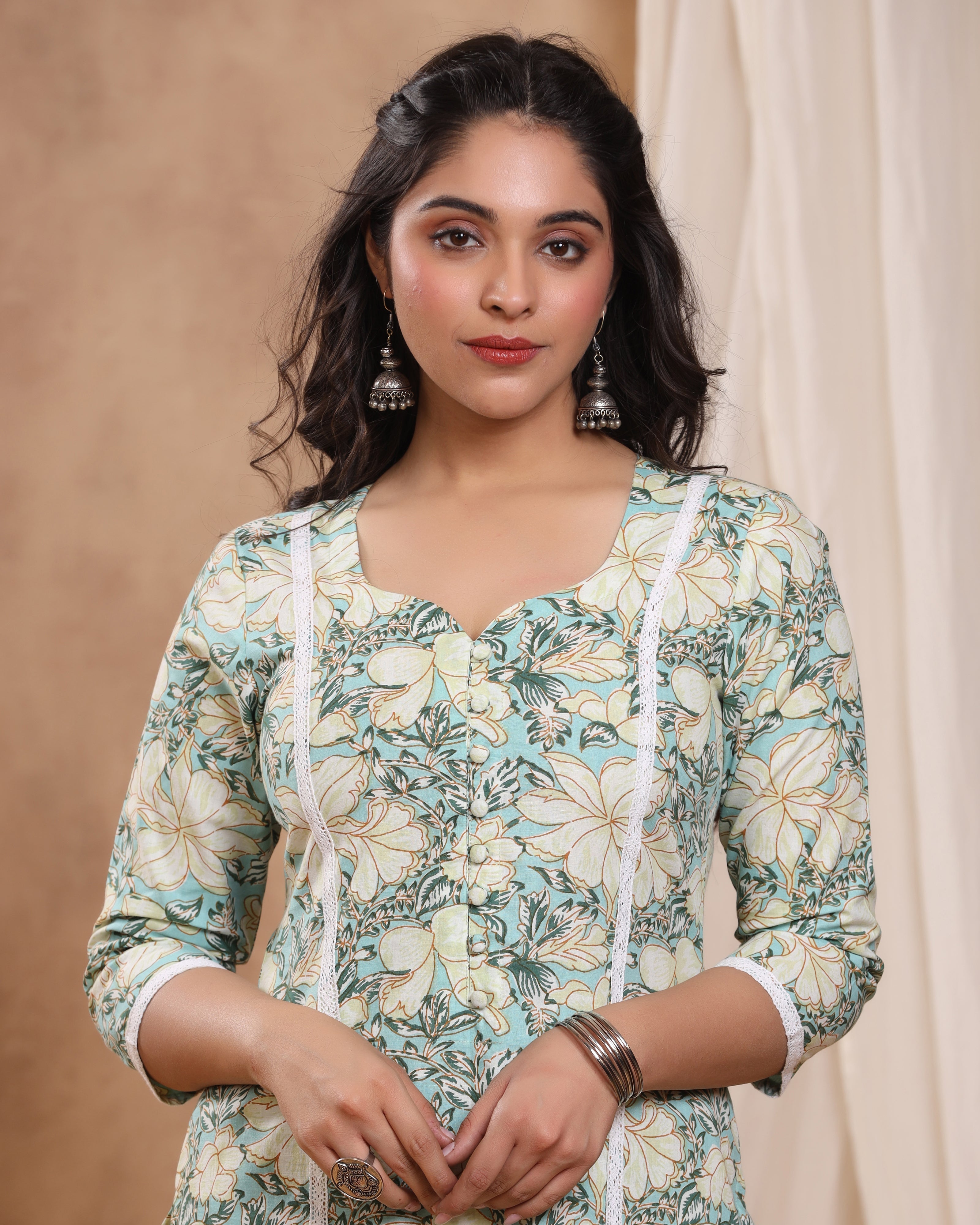 Bahaar Teal Block print Kurti with Crochet lace