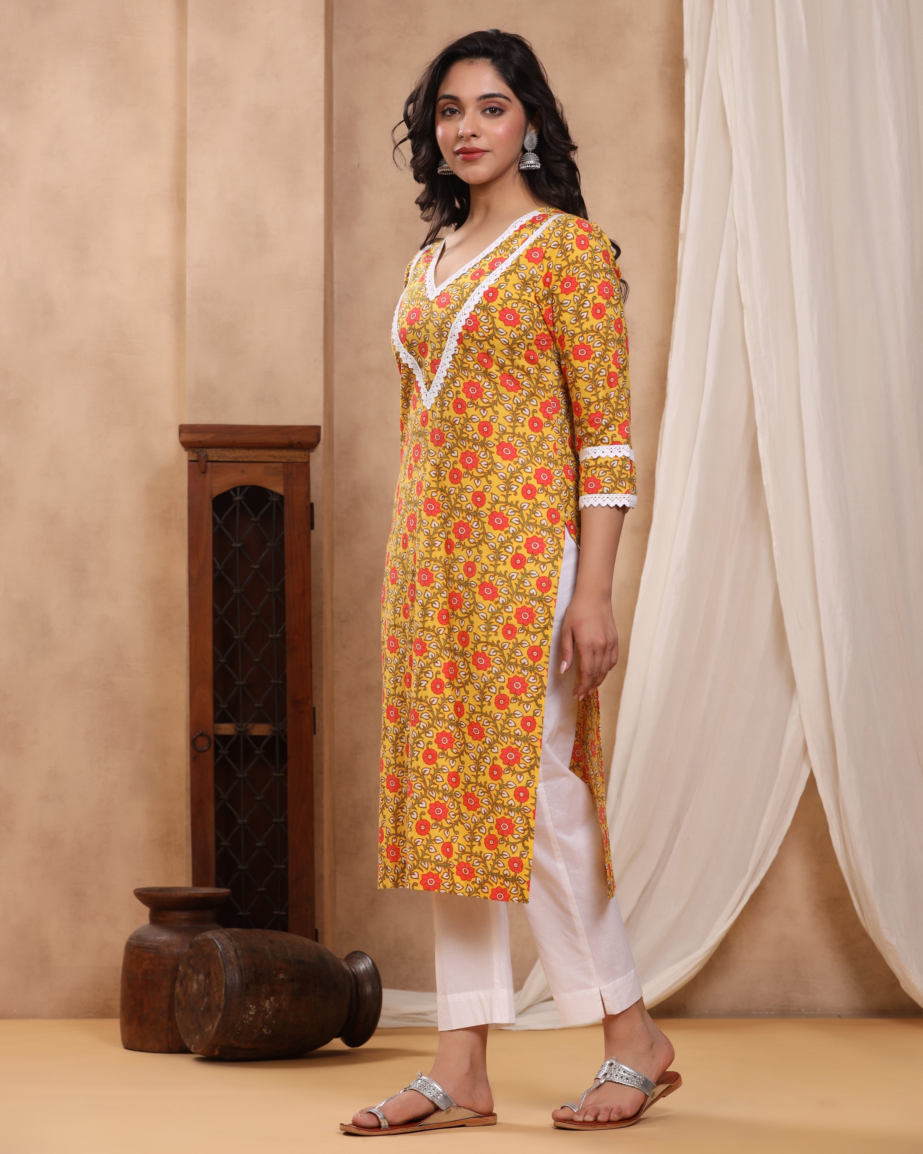 Sitara Yellow Block print Kurti with Crochet lace