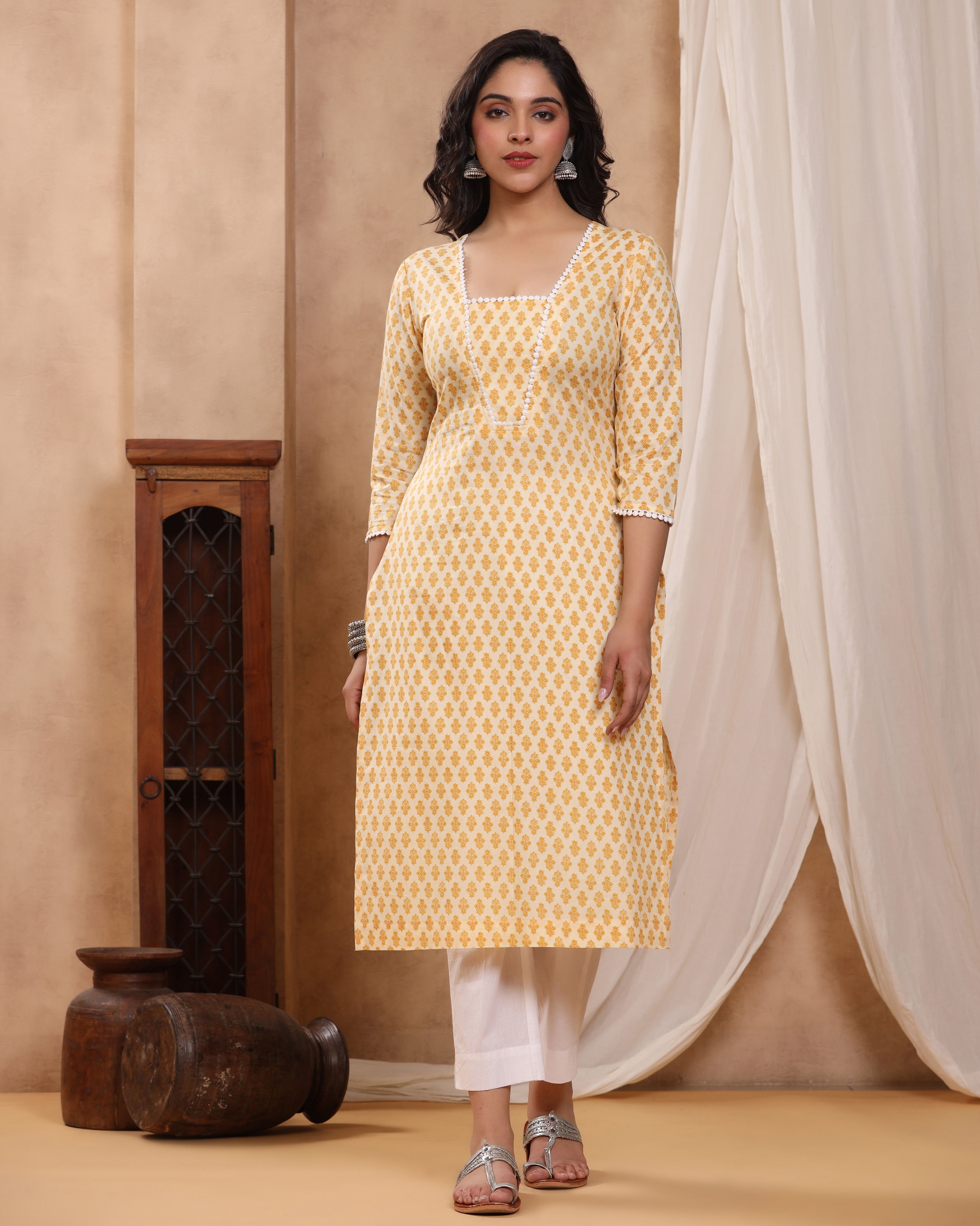 Chaand Mustard Block print Kurti with Crochet lace